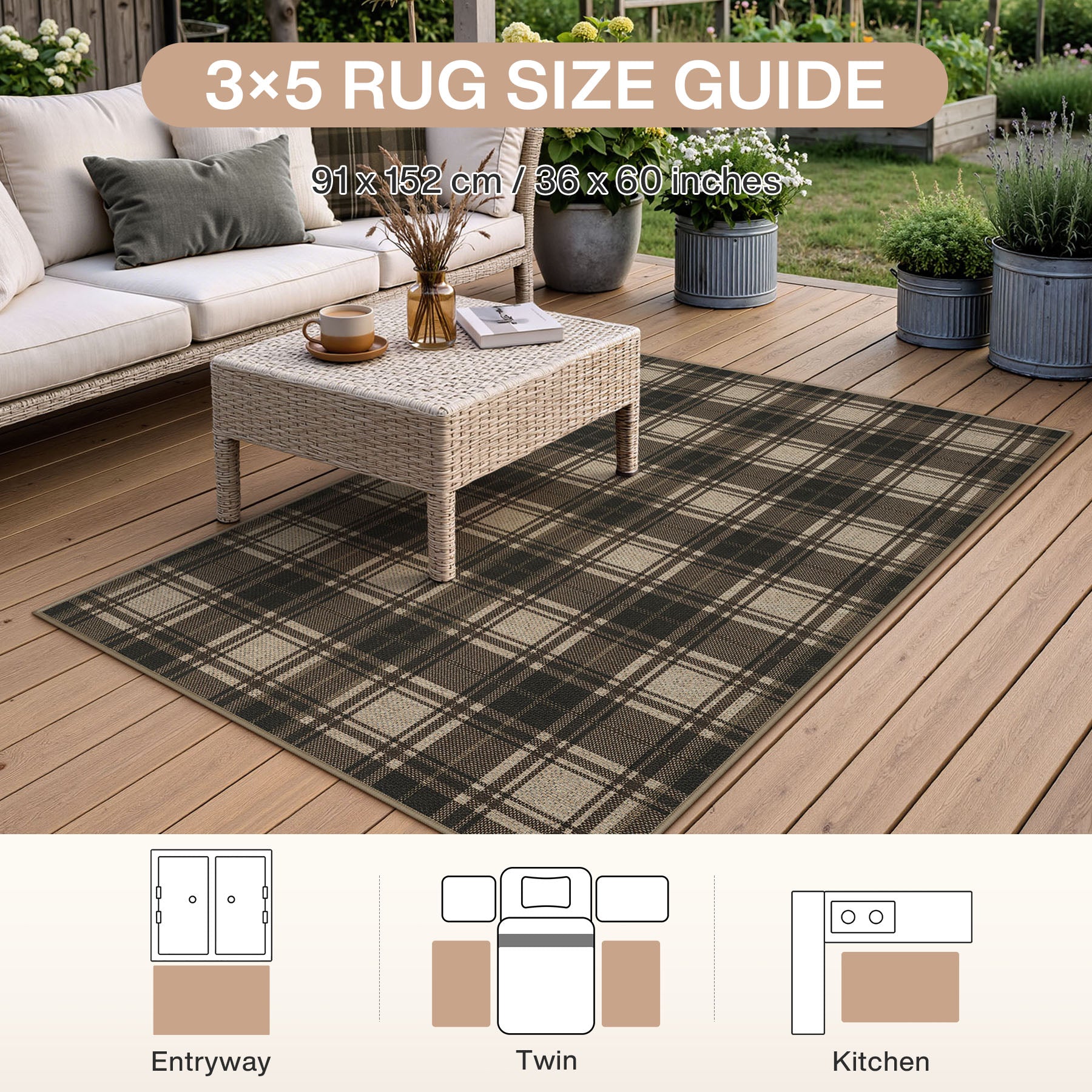 3x5/5x7 Plaid Easy Jute Washable Area Rug, Farmhouse Non-Slip Indoor Carpet for Porch Living Bedroom, Oeko-Tex Certified