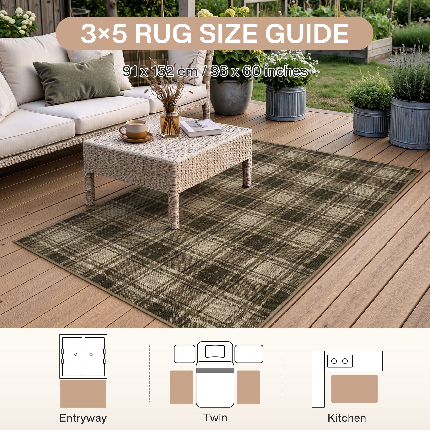 3x5/5x7 Plaid Easy Jute Washable Area Rug, Farmhouse Non-Slip Indoor Carpet for Porch Living Bedroom, Oeko-Tex Certified