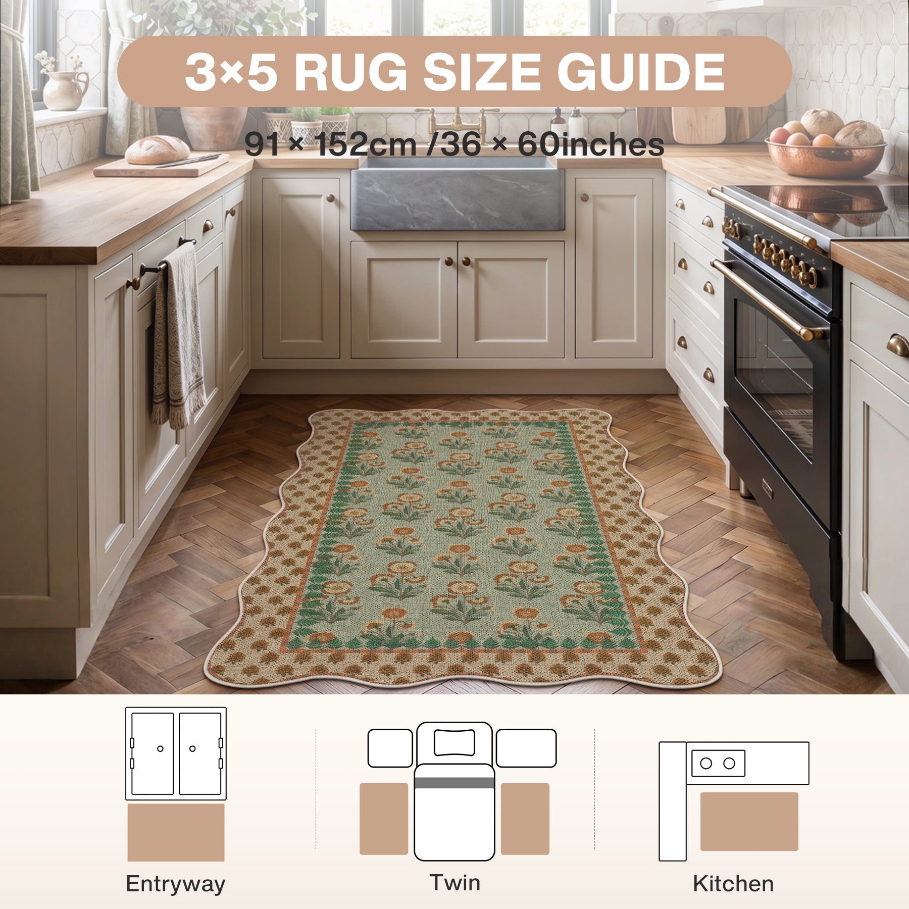 2x6/3x5 Scalloped Floral Easy Jute Washable Area Rug, Farmhouse Soft Low Pile Carpet for Hallway & Entryway, Oeko-Tex Certified