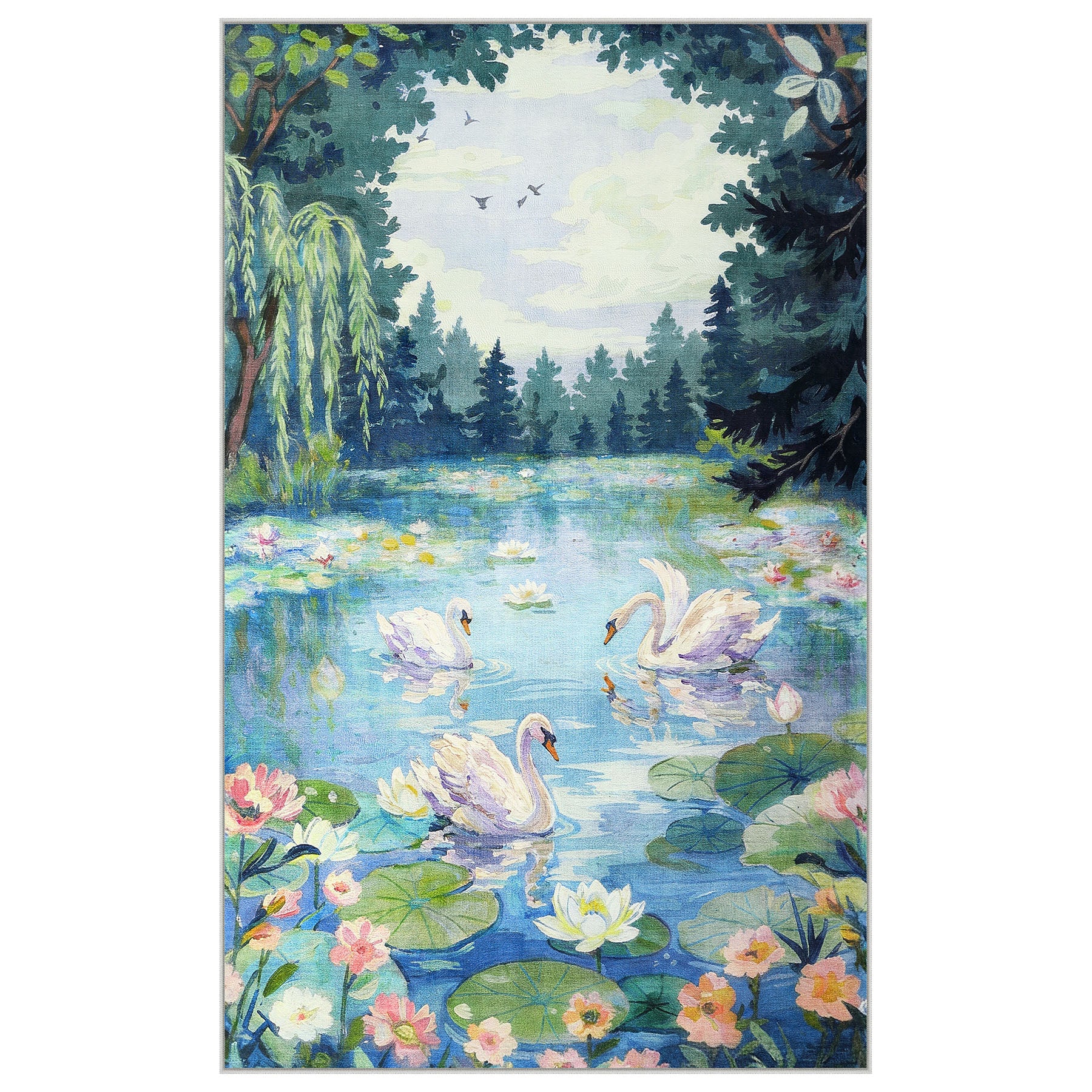 3x5/5x7 Swan Lake in oil painting style Area Rugs, Washable Living Room Runner Soft Non Slip Carpet, Oeko-Tex Certified