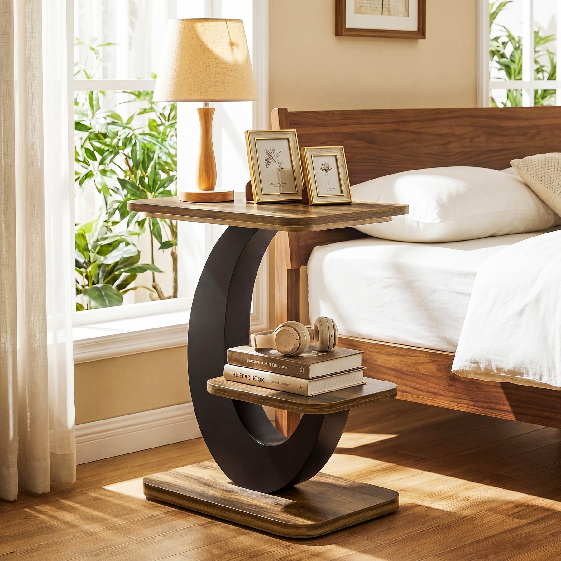 2-Tier End Table, Narrow Side Table with Metal Arc-Shaped Frame