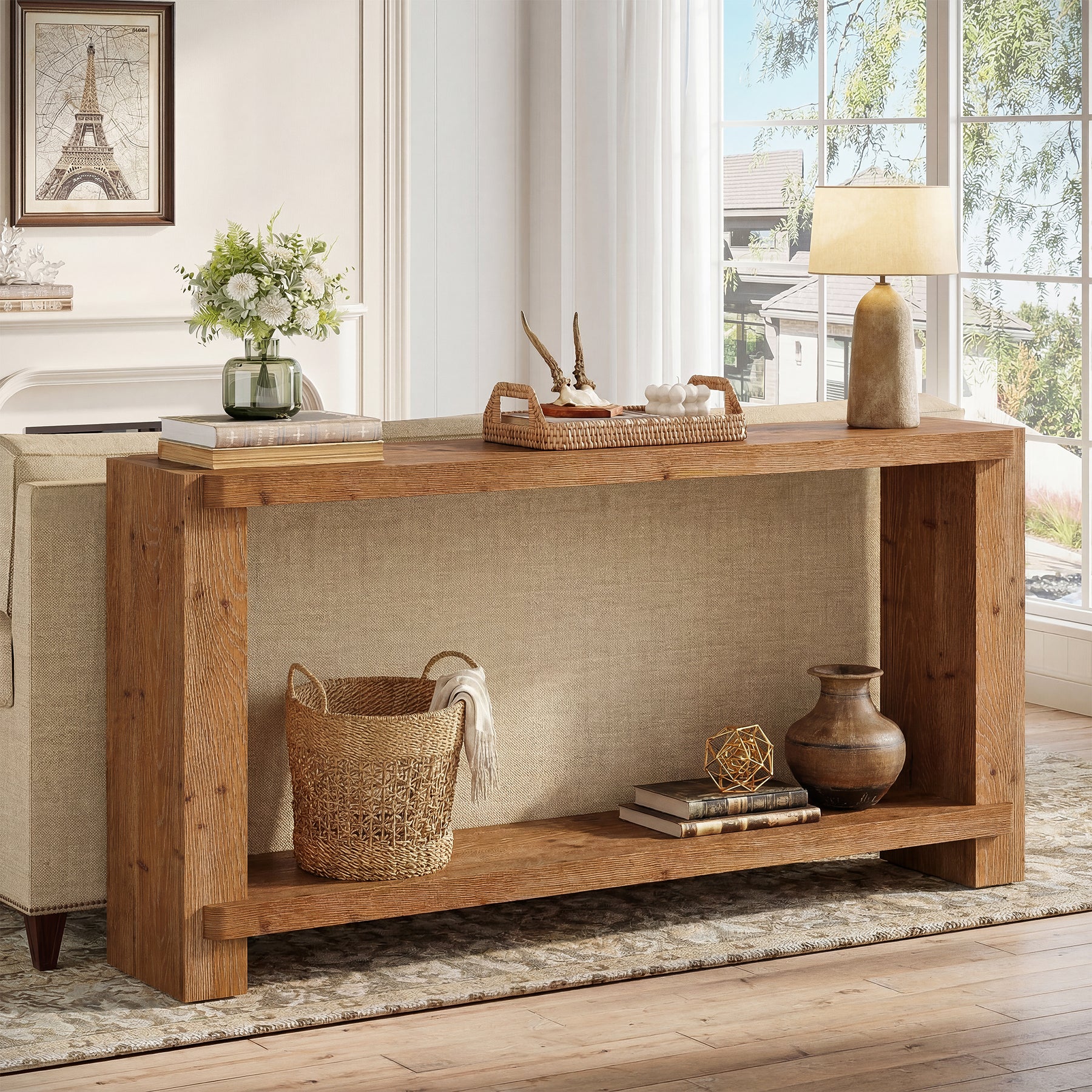 57" Solid Wood Console Table, Narrow Entryway Sofa Table with Shelf for Hallway