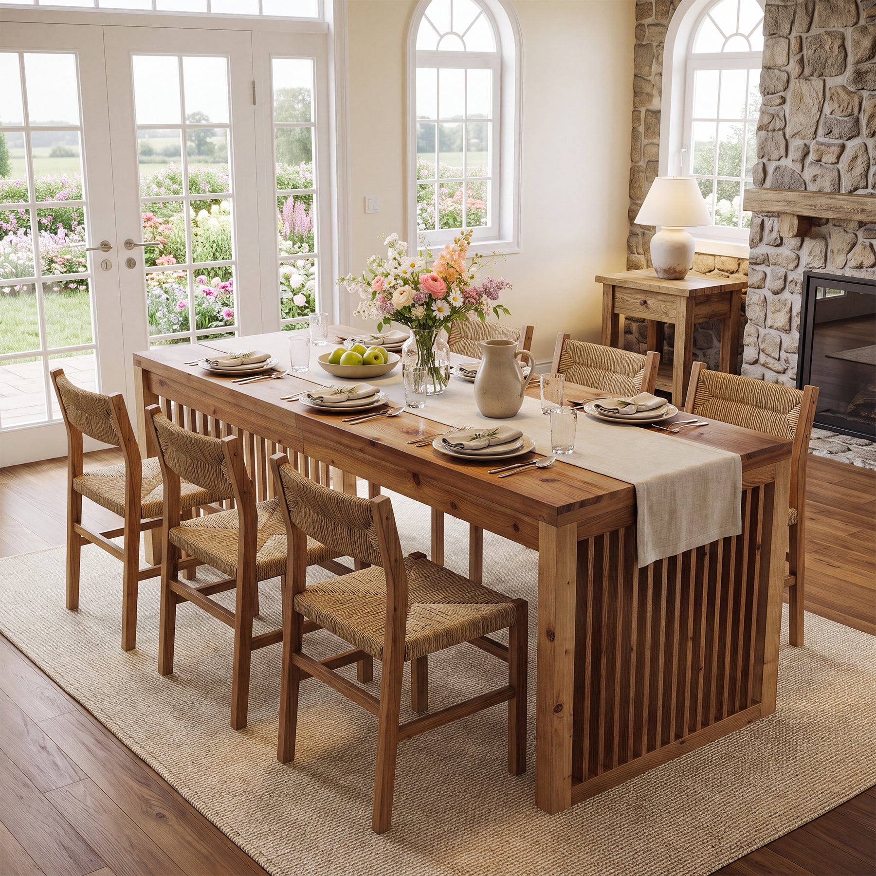 79" Solid Wood Dining Table, Rectangular Kitchen Table with Slat Legs for 6-8 People