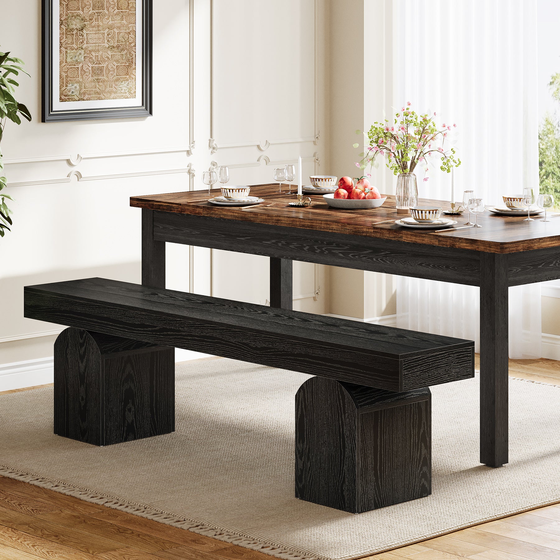 59" Dining Bench, Modern Kitchen Seating with Arched Base for 2 to 3