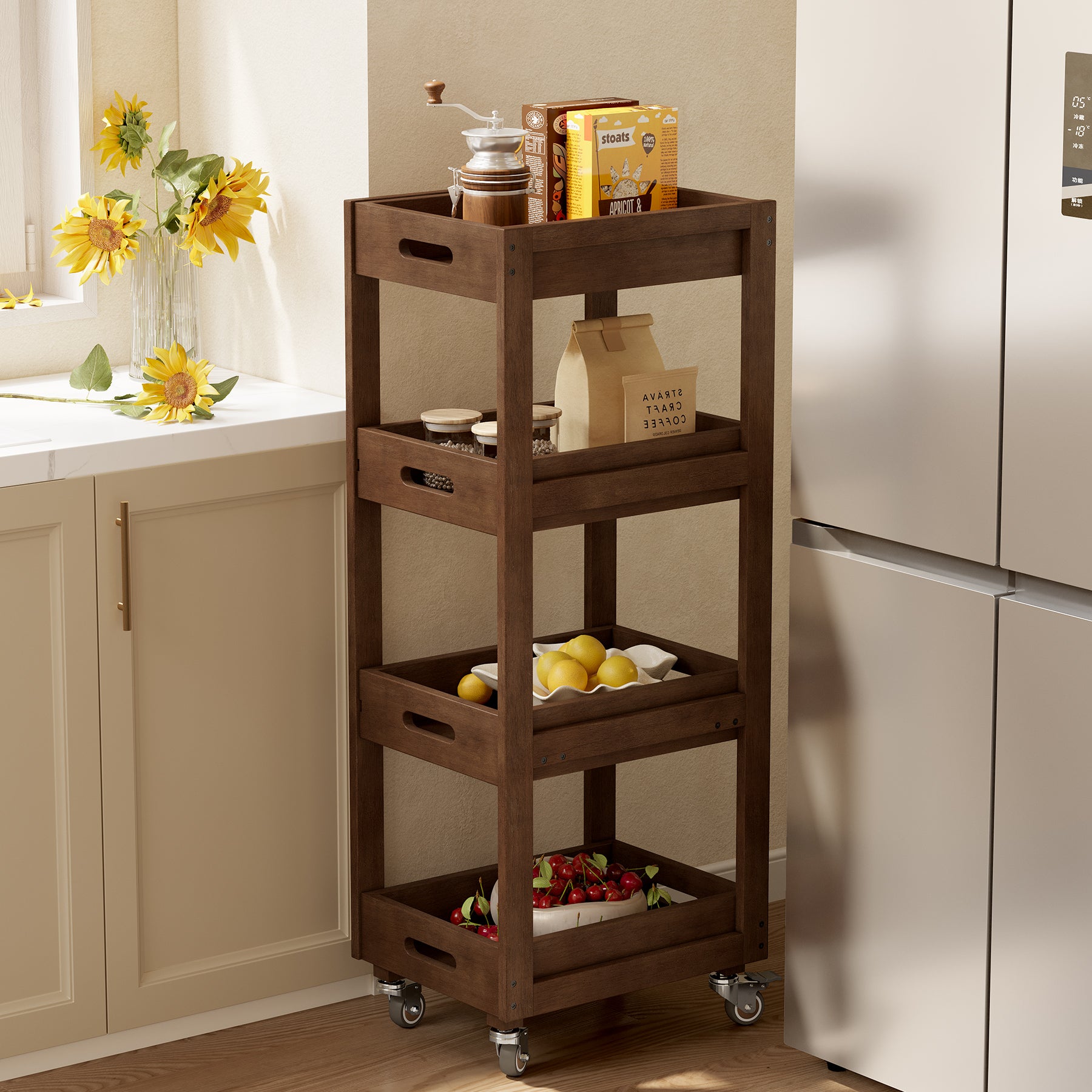 4-Tier Slim Storage Cart, Solid Wood Kitchen Rolling Cart Utility Organizer Shelving Unit