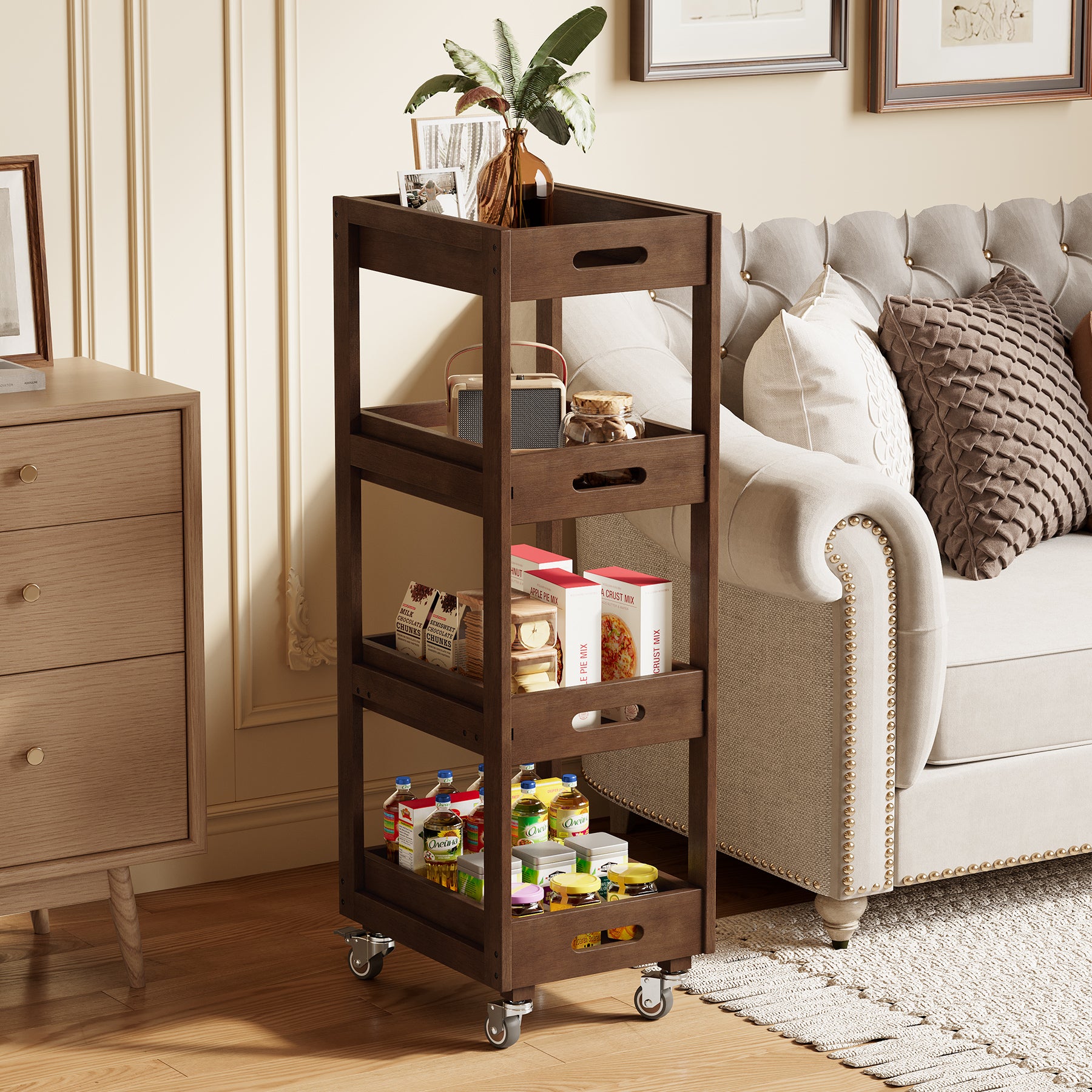 4-Tier Slim Storage Cart, Solid Wood Kitchen Rolling Cart Utility Organizer Shelving Unit