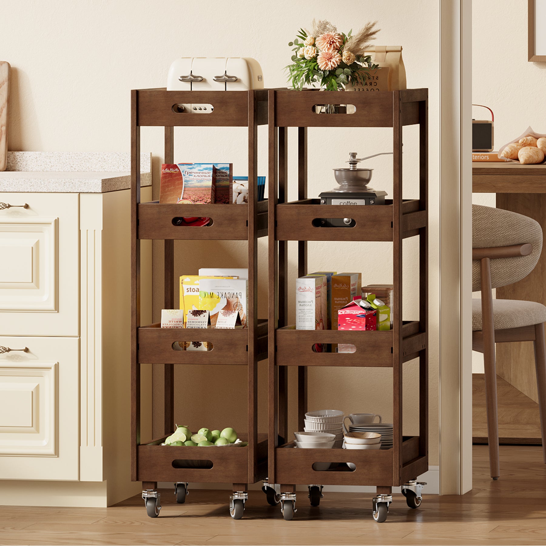 4-Tier Slim Storage Cart, Solid Wood Kitchen Rolling Cart Utility Organizer Shelving Unit