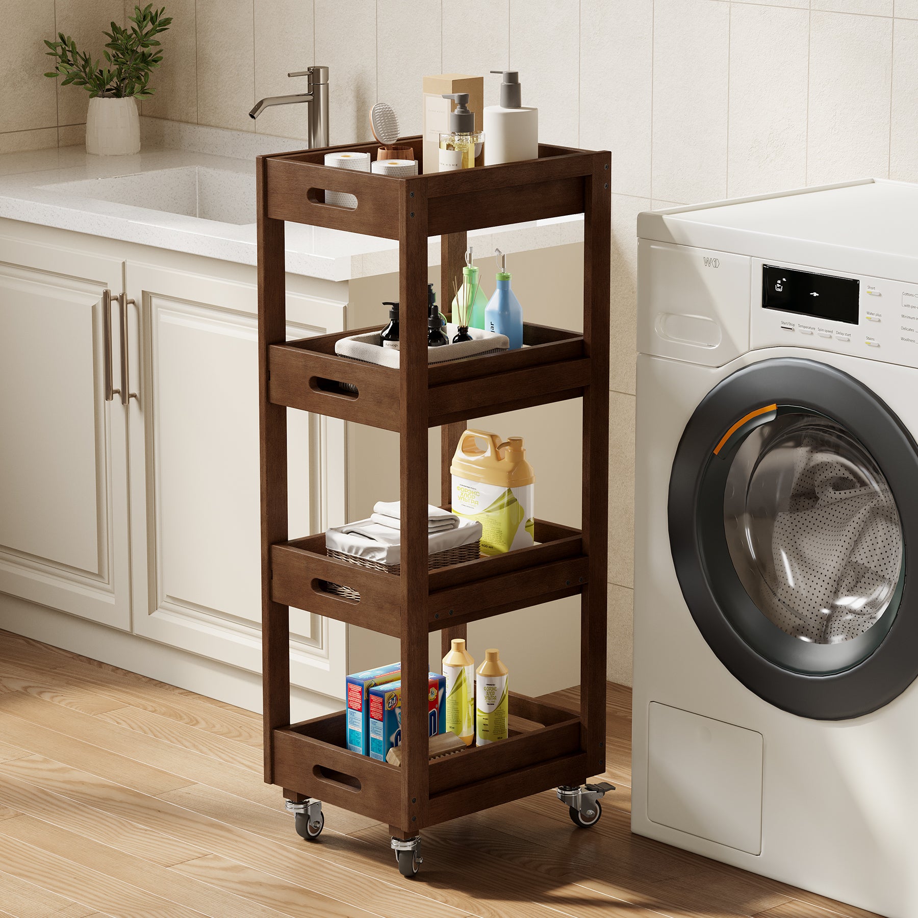 4-Tier Slim Storage Cart, Solid Wood Kitchen Rolling Cart Utility Organizer Shelving Unit