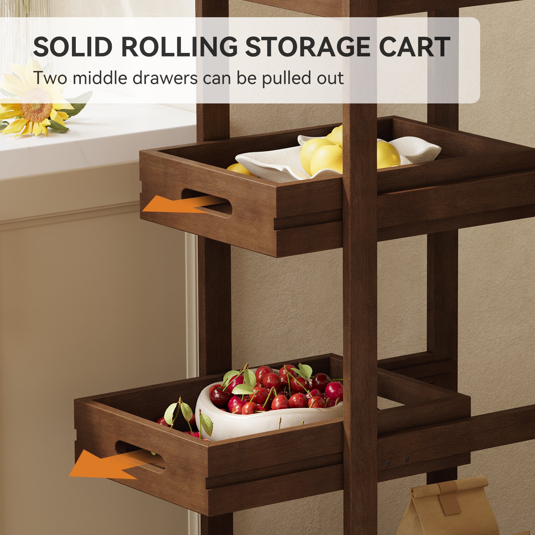 4-Tier Slim Storage Cart, Solid Wood Kitchen Rolling Cart Utility Organizer Shelving Unit