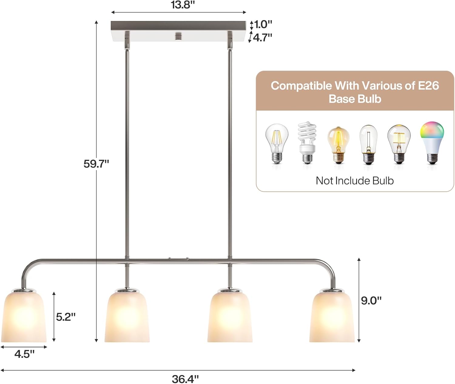 4 - Light Pendant Lighting with White Frosted Glass Shade (No Bulbs Included) Tribesigns