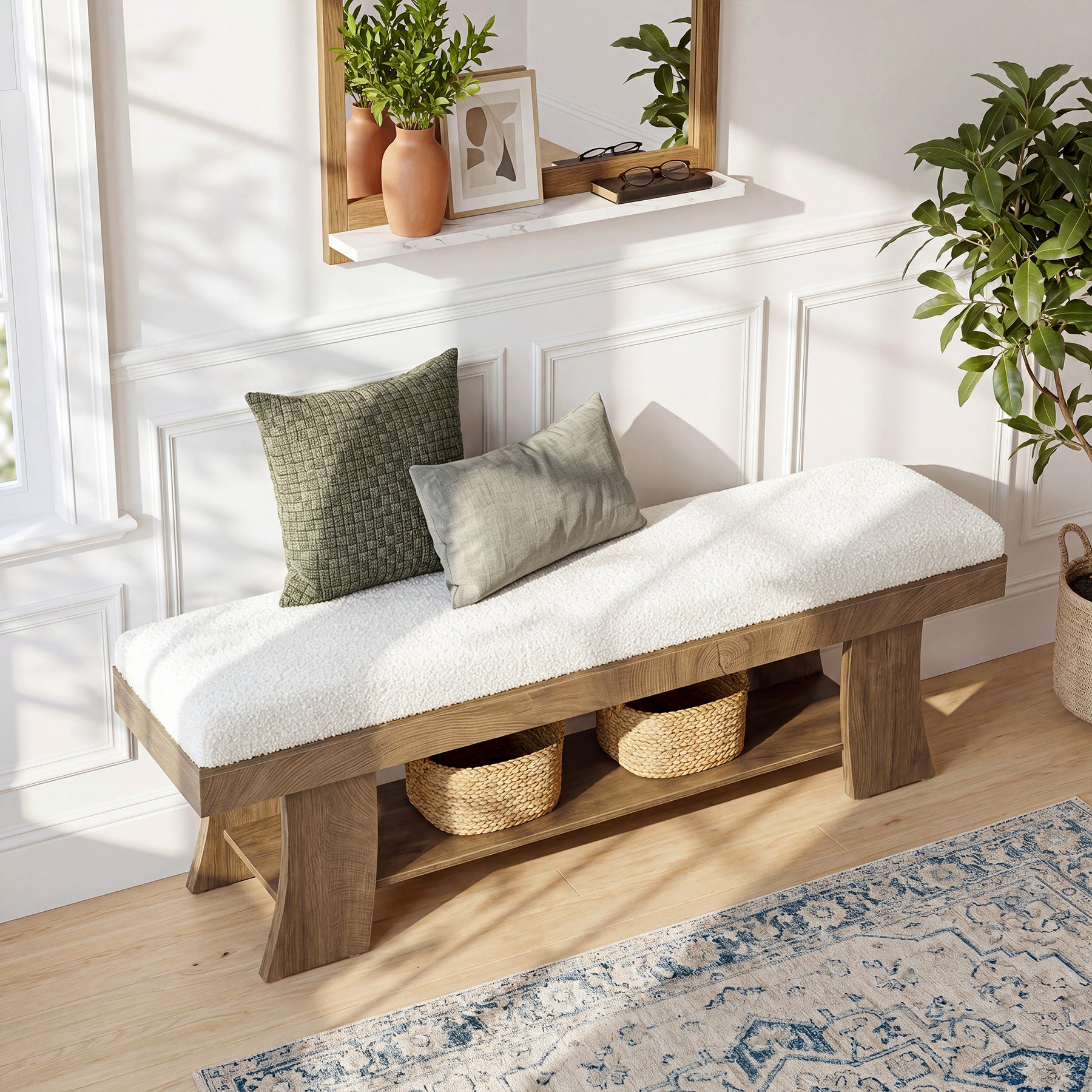 59" Upholstered Entryway Bench, Cushioned Shoe Bench Seat with Storage Shelf