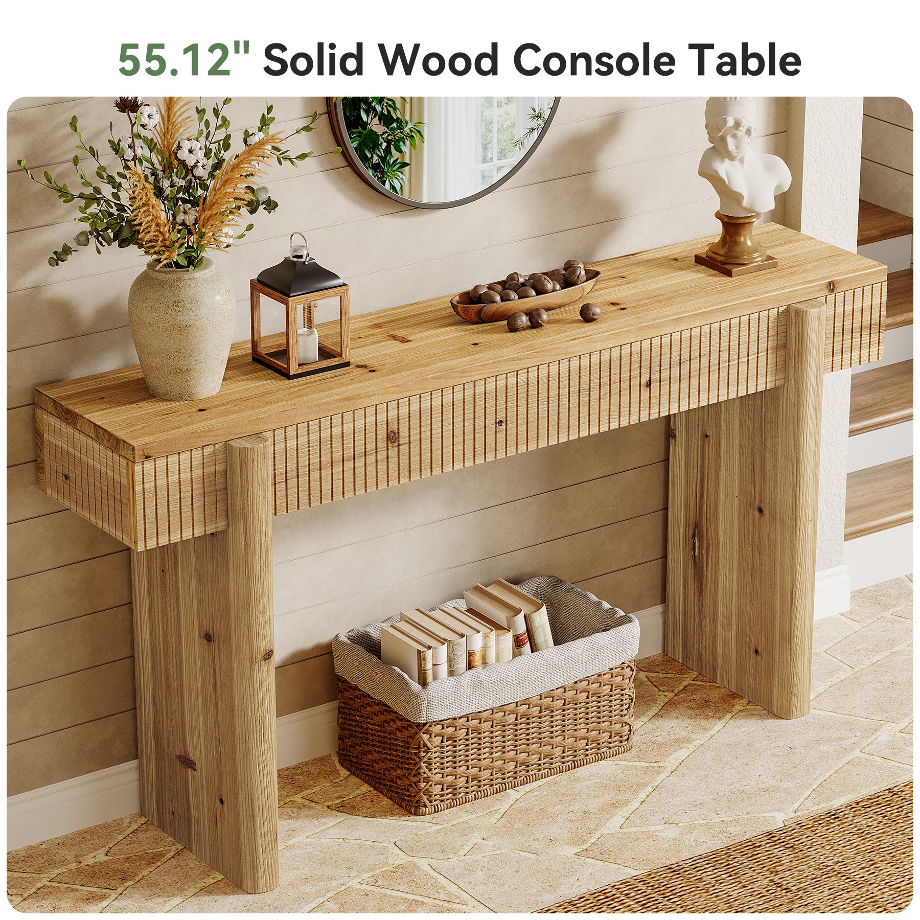 55" Solid Wood Rustic Console Table, Farmhouse Entryway Table Behind Couch for Living Room