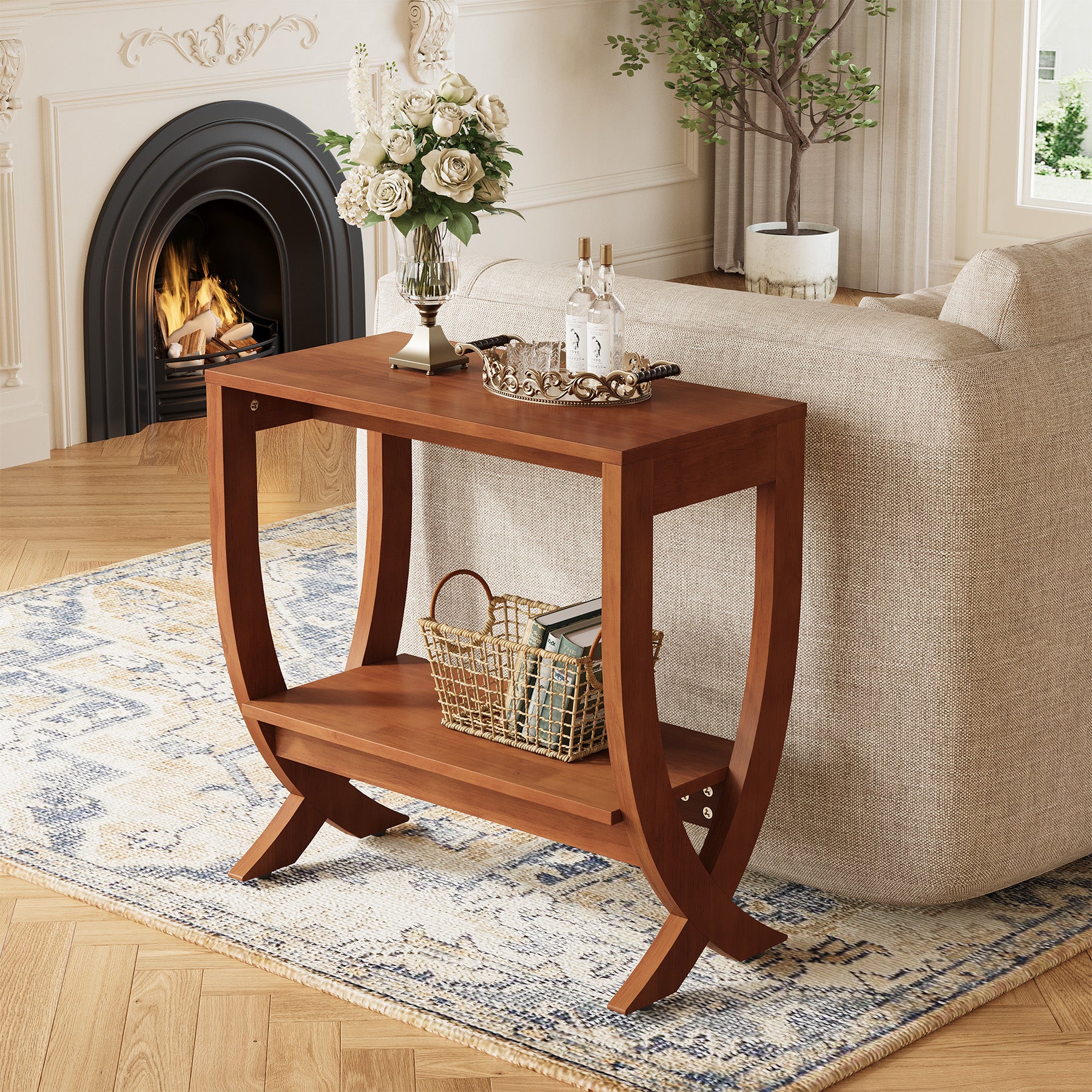 Solid Wood End Table, 2-Tier Couch Side Table with Arched Legs