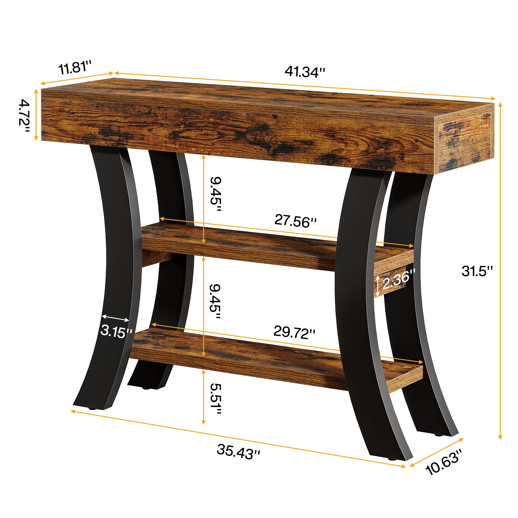 41" Console Table, Sofa Entryway Table with Storage Shelves