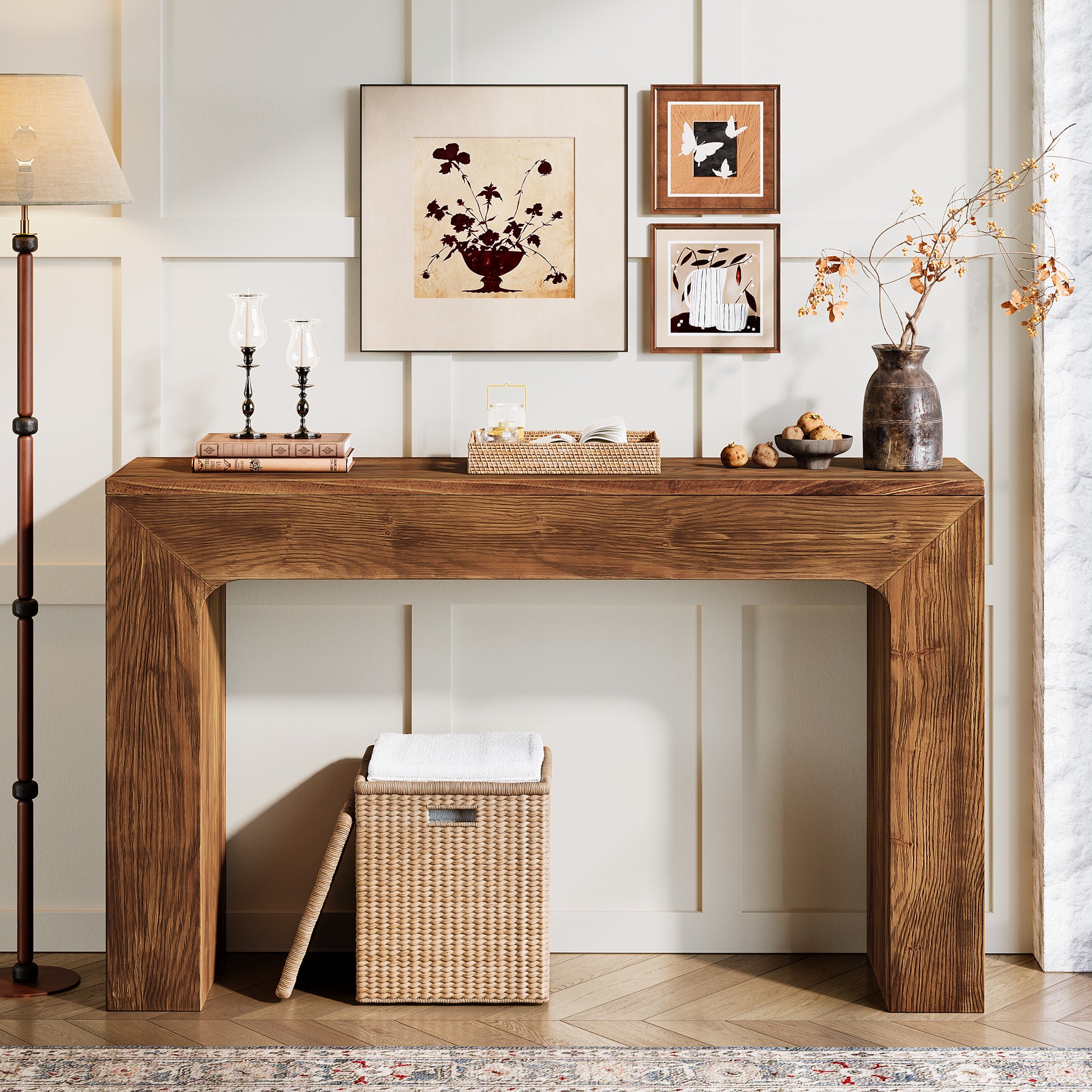 43.3" Farmhouse Console Table, Solid Wood Entryway Table with Double Base