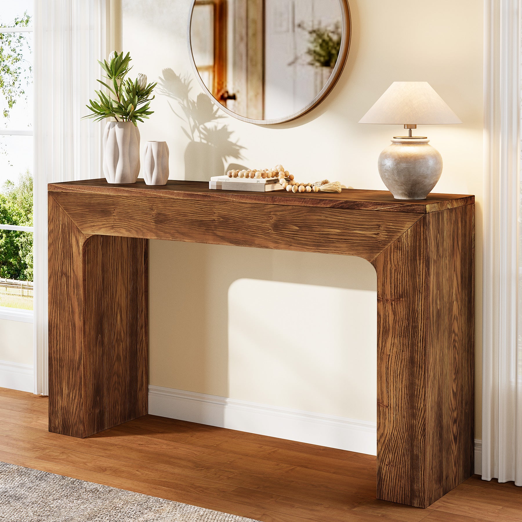 43.3" Farmhouse Console Table, Solid Wood Entryway Table with Double Base