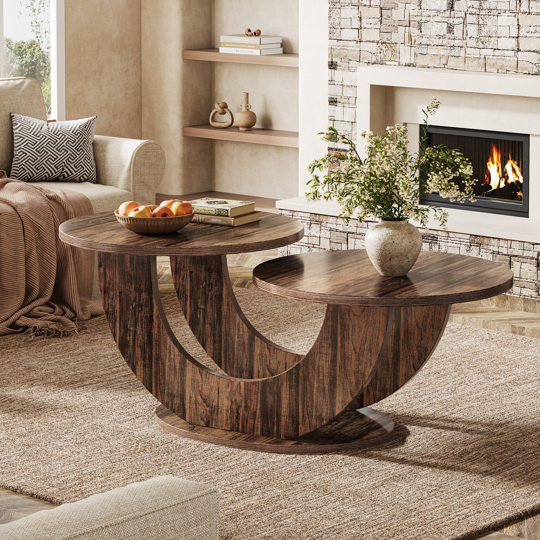 45" Coffee Table, 2-Tier Accent Center Cocktail Table with U-Shaped Frame