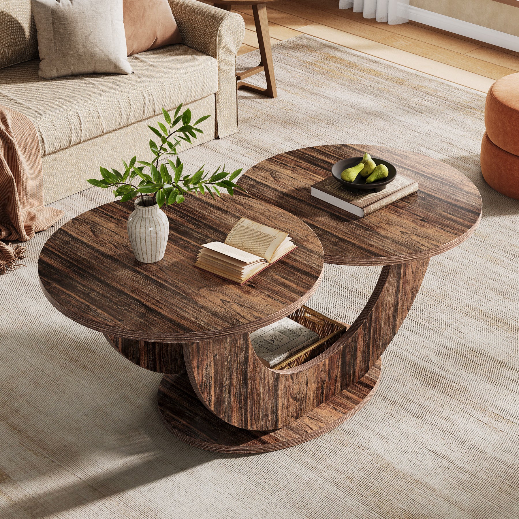 45" Coffee Table, 2-Tier Accent Center Cocktail Table with U-Shaped Frame