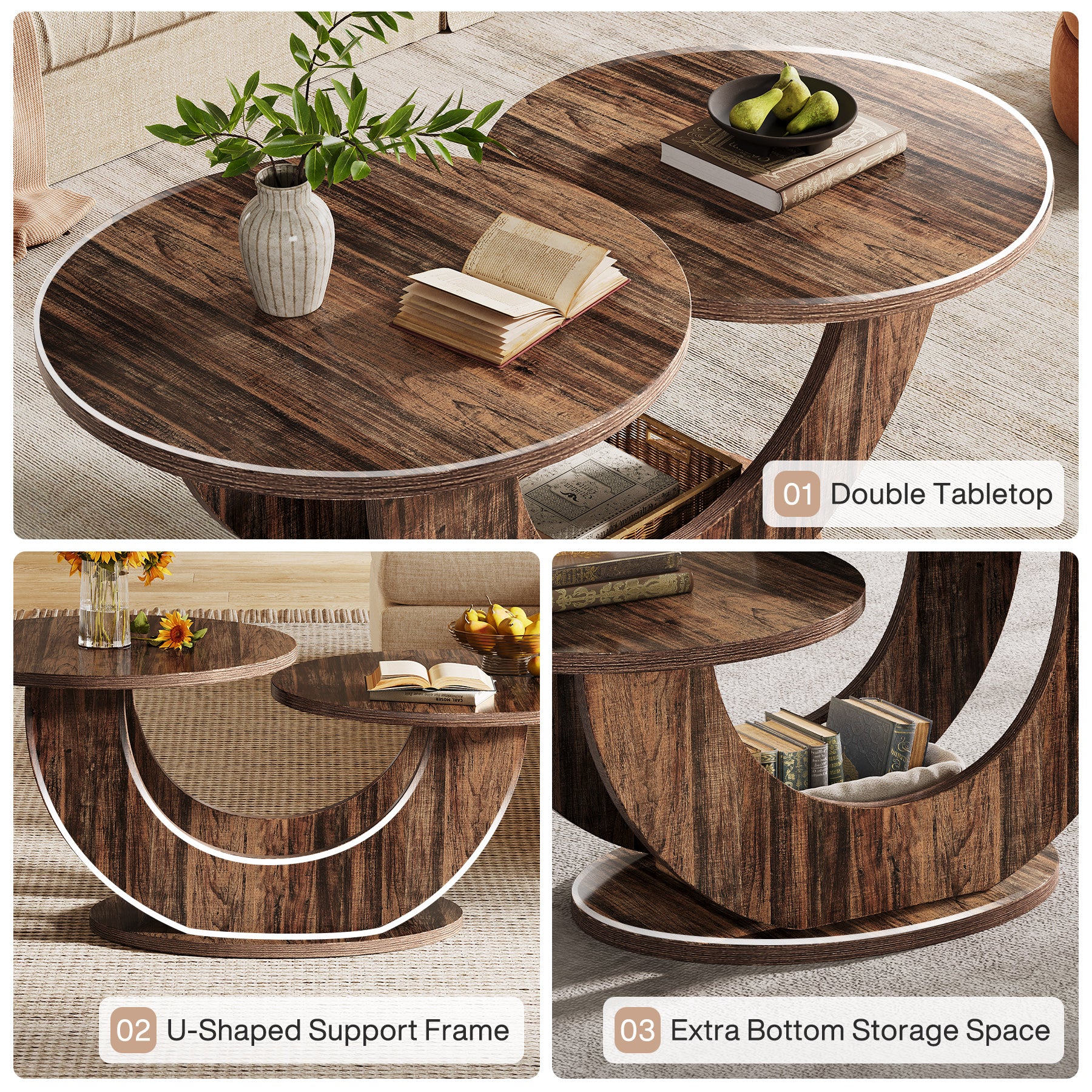 45" Coffee Table, 2-Tier Accent Center Cocktail Table with U-Shaped Frame