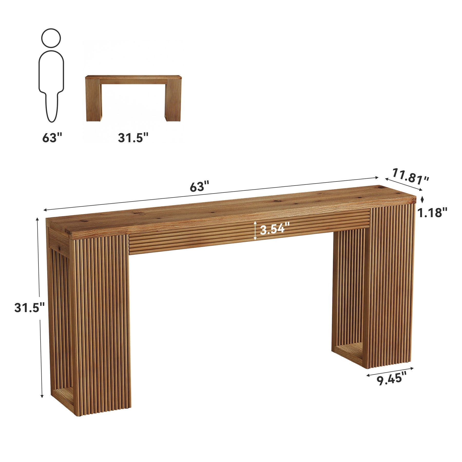63" Solid Wood Farmhouse Console Table, Narrow Entryway Sofa Table with Fluted Legs