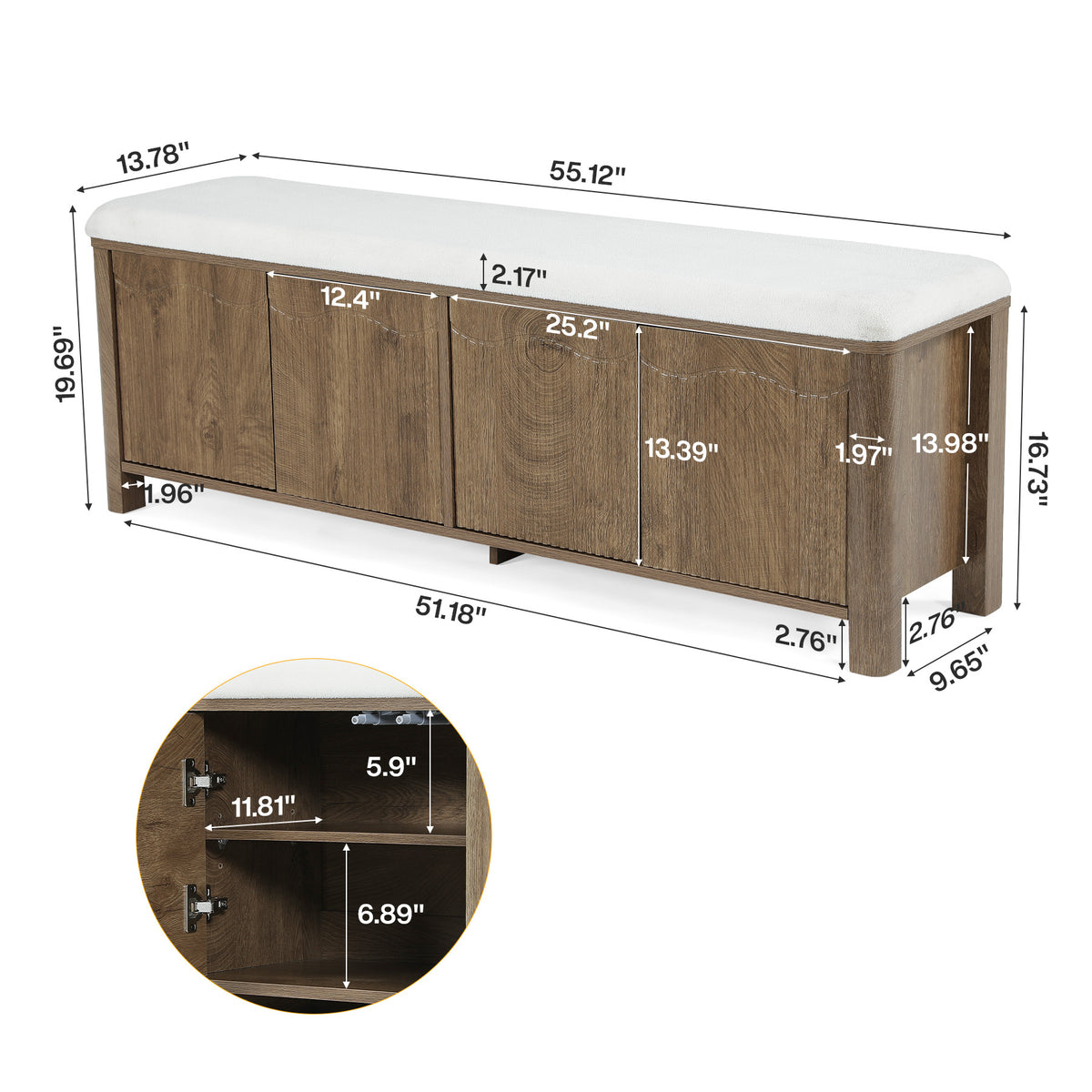 55.12" Upholstered Entryway Storage Bench, Farmhouse Shoe Bench with 4 Cabinet Doors
