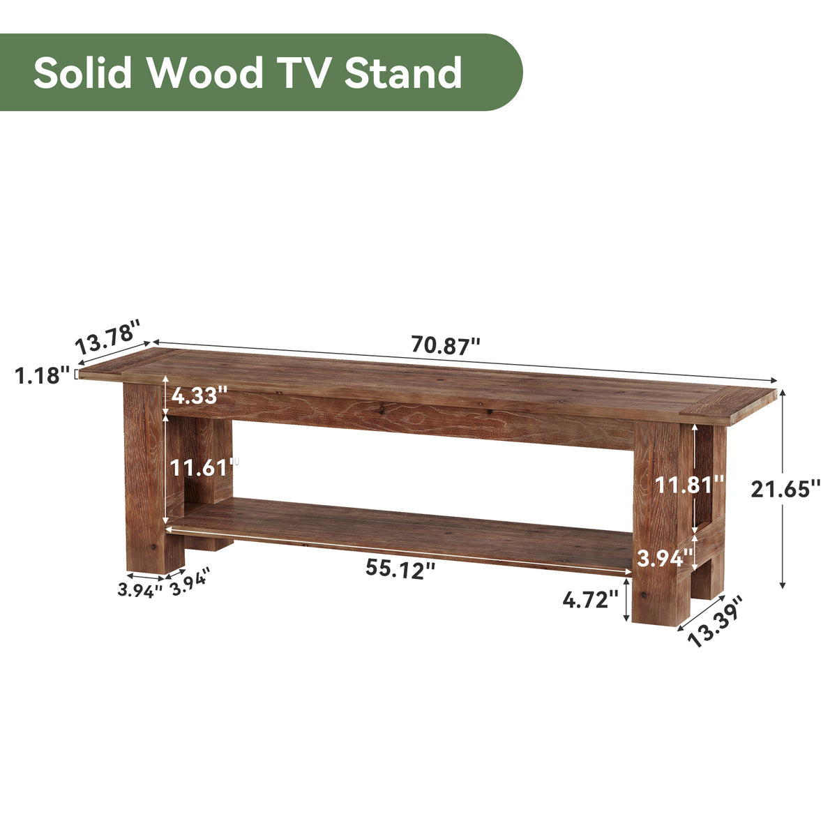 71" Rustic Solid Wood TV Stand for 75" TV, Entertainment Center with Storage Shelf