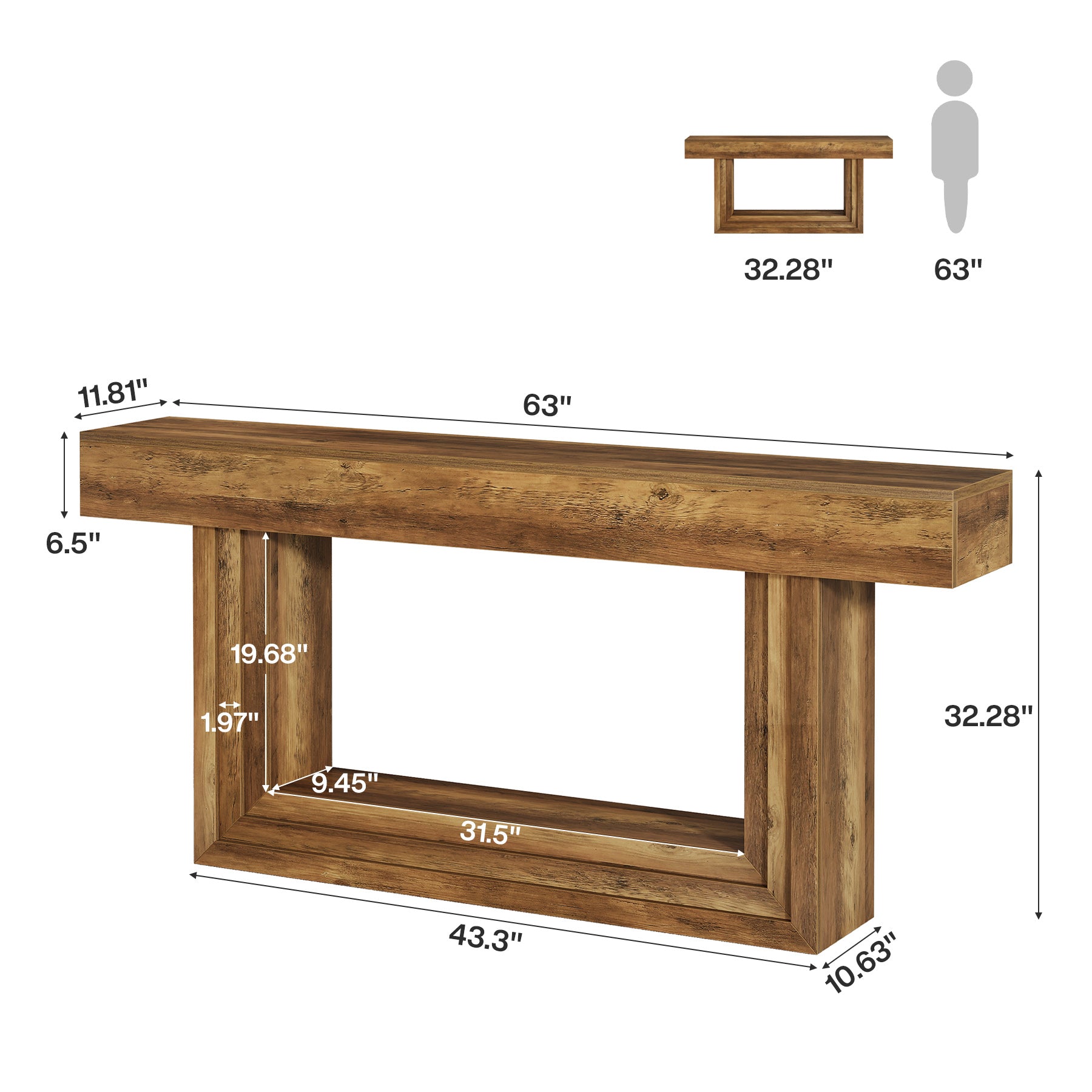 63” Narrow Console Table with 2-Tier Storage, Farmhouse Entryway Table Behind Couch