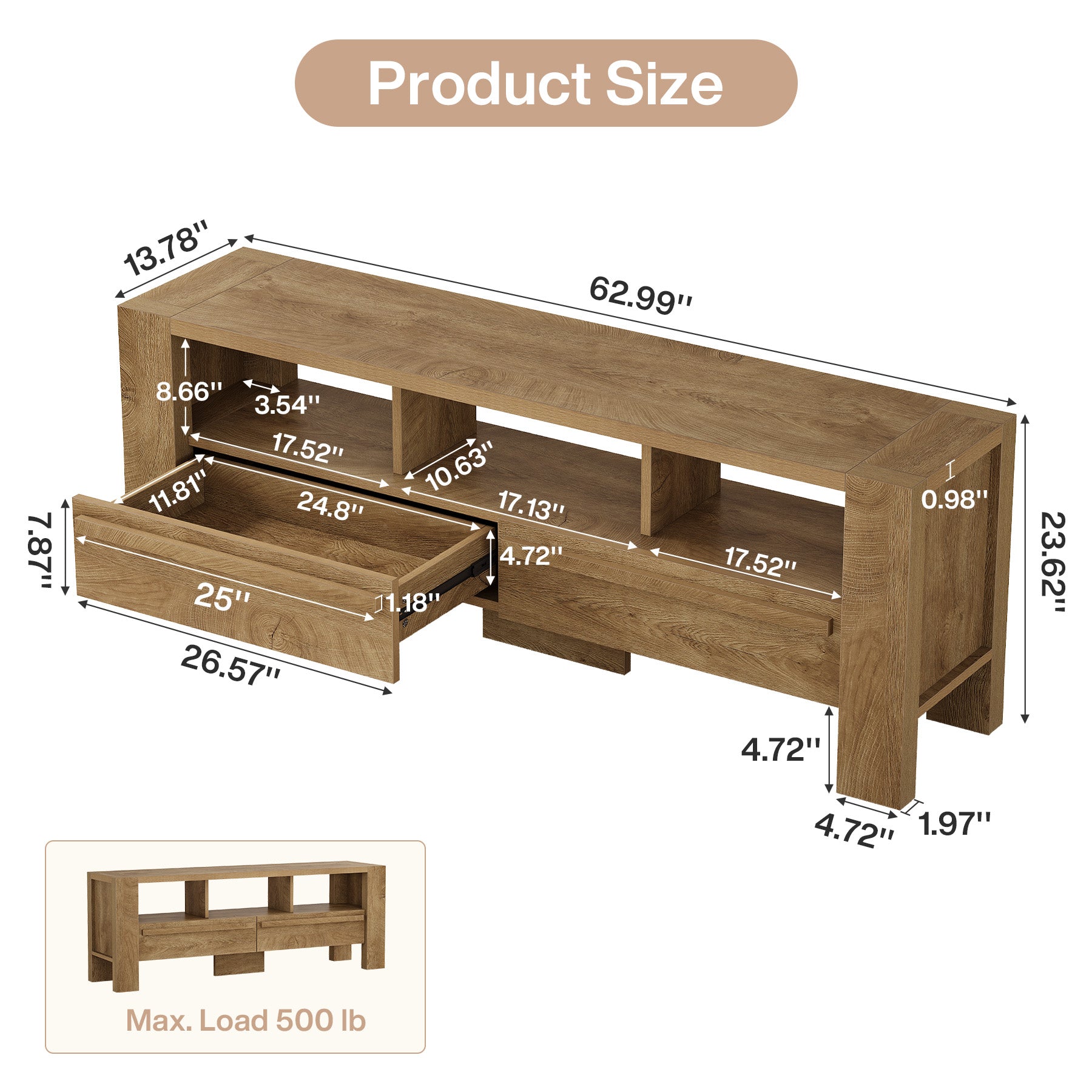 63" TV Stand for 75" TVs, Entertainment Media Console with 2 Drawers and Open Shelves for Living Room