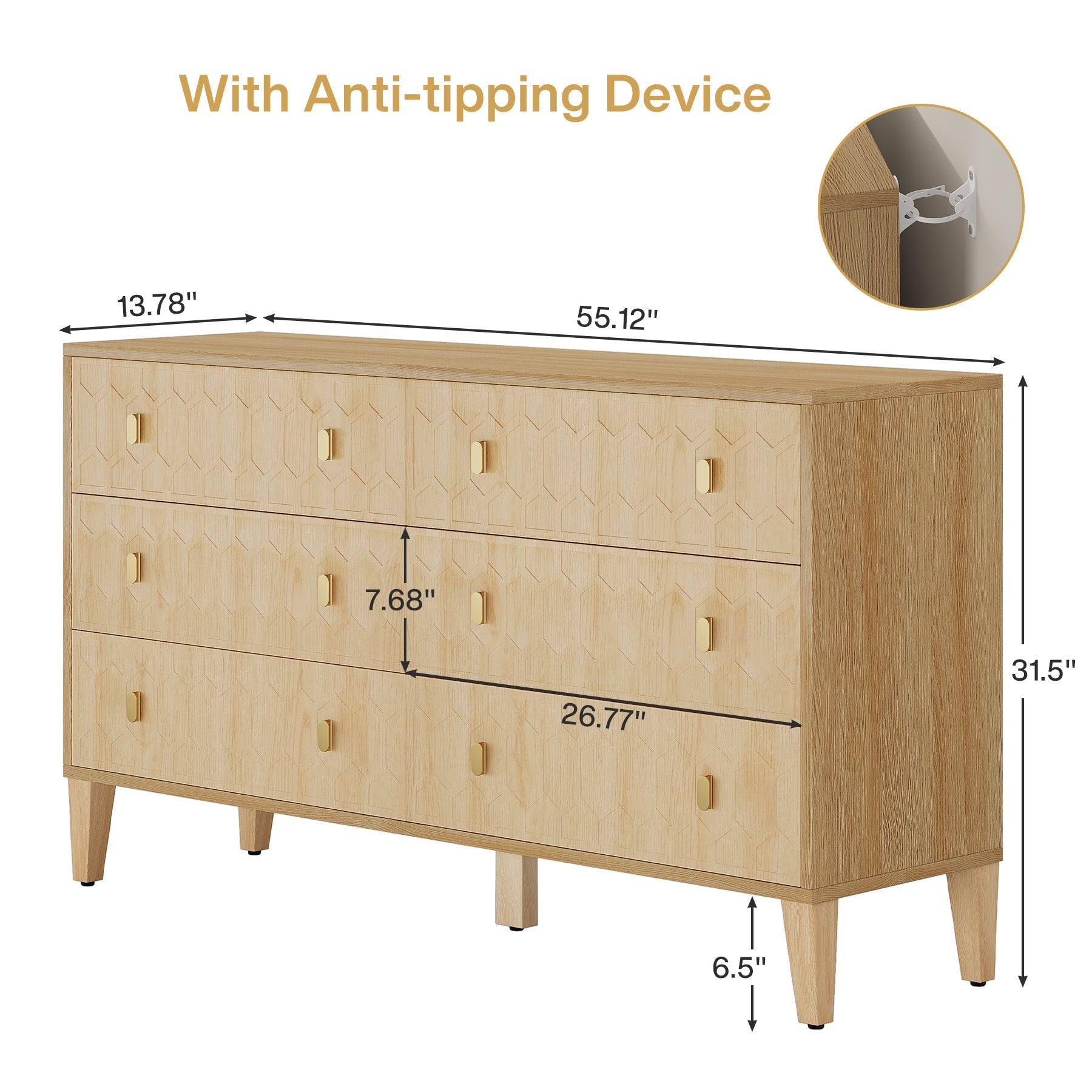 55" Chest of Drawer, Wood 6-drawer Double Dresser Organizer