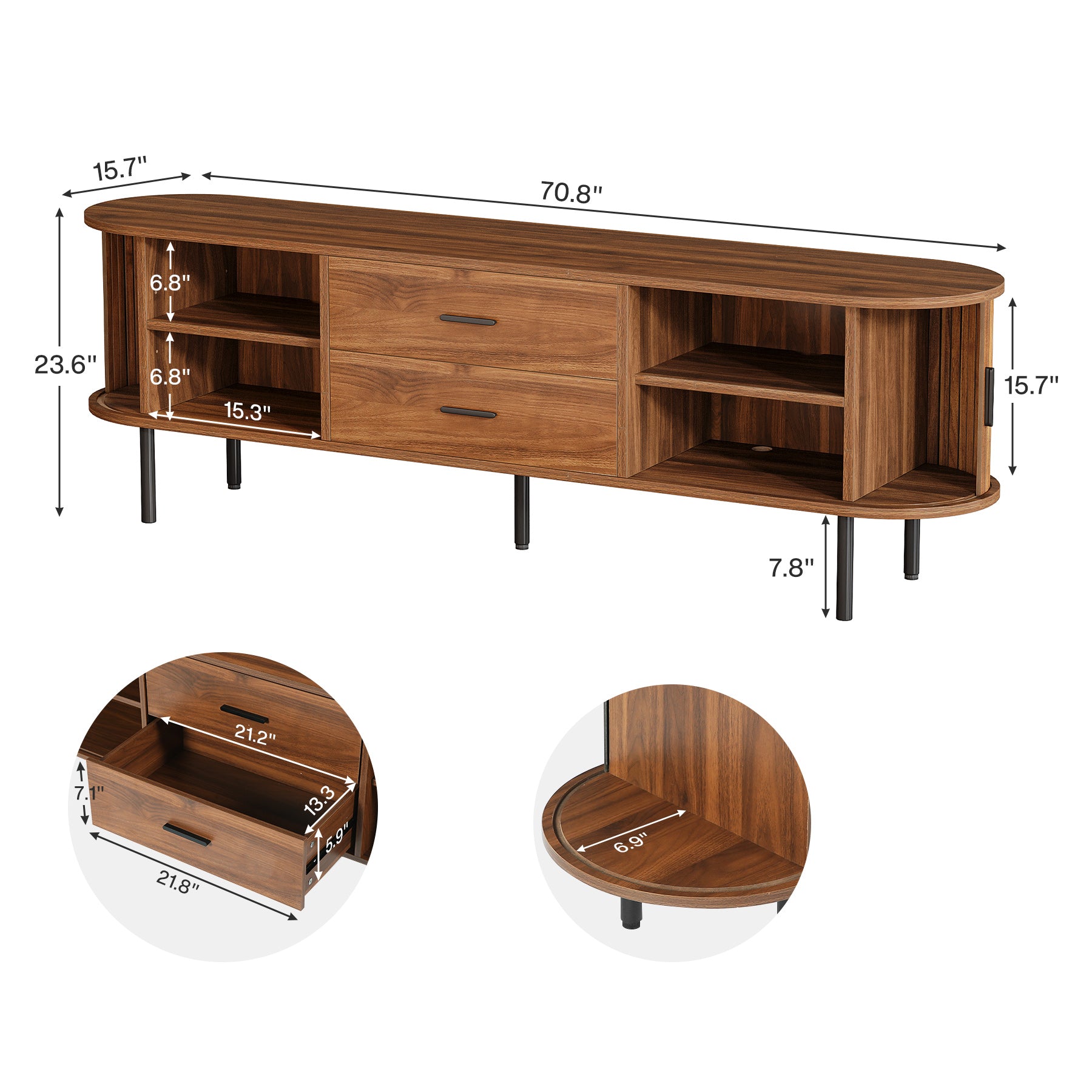 70" TV Stand, Modern Media Console with Storage and Sliding Tambour Door