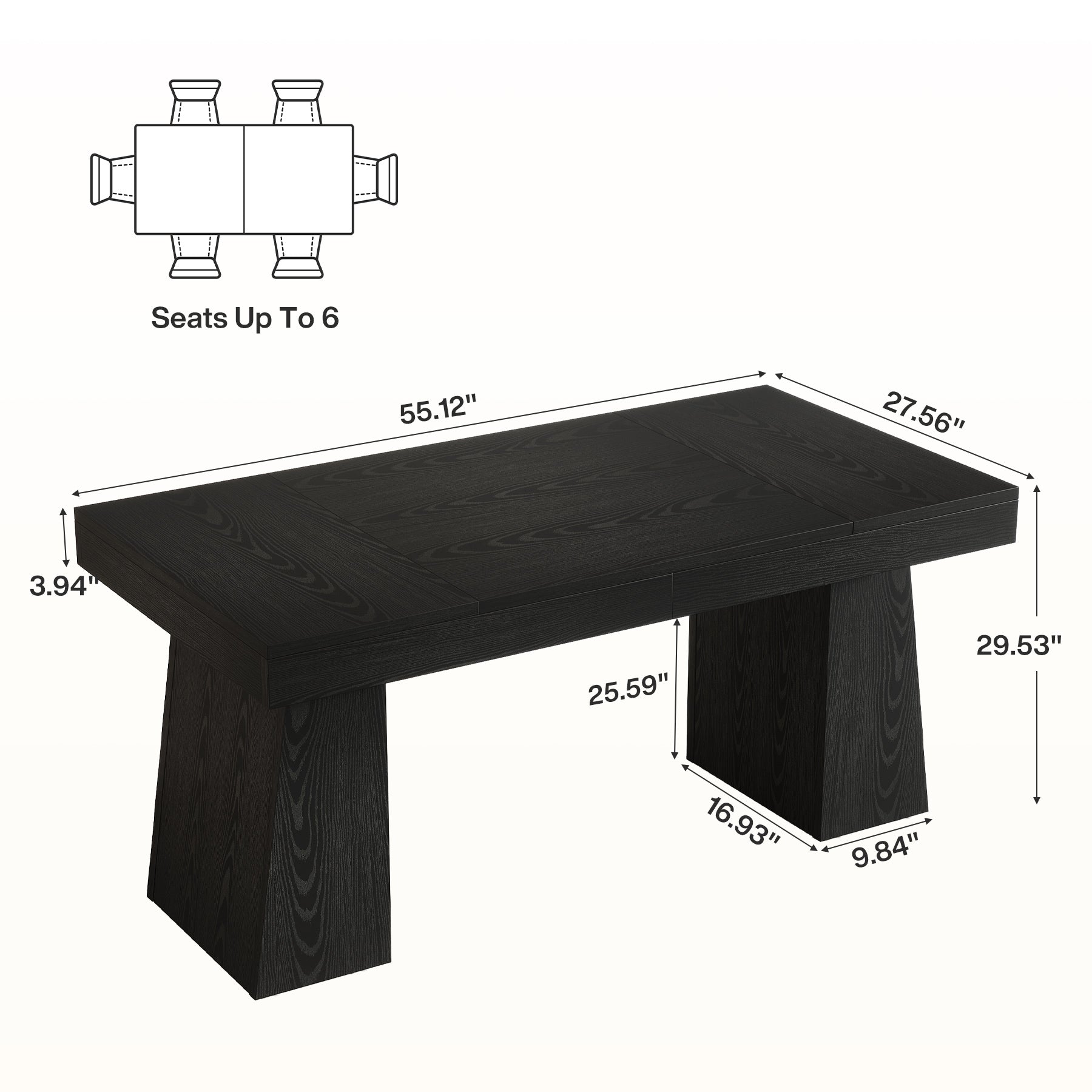 55 Inch Farmhouse Double Pedestal Dining Table, Rectangular Table for 4-6 in Small Spaces