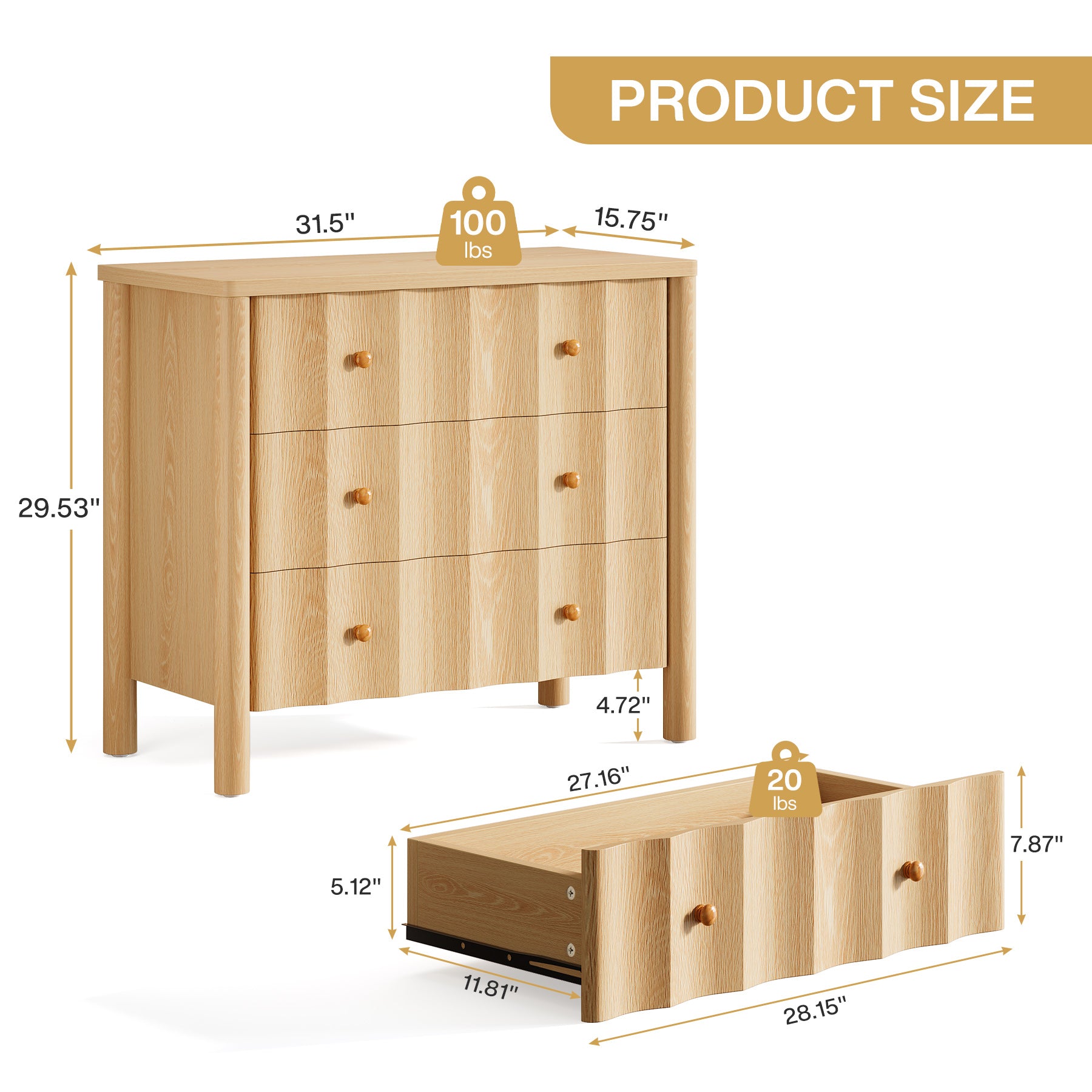 31.5" Nightstand, Modern Oversized Bedside Table with 3 Drawers