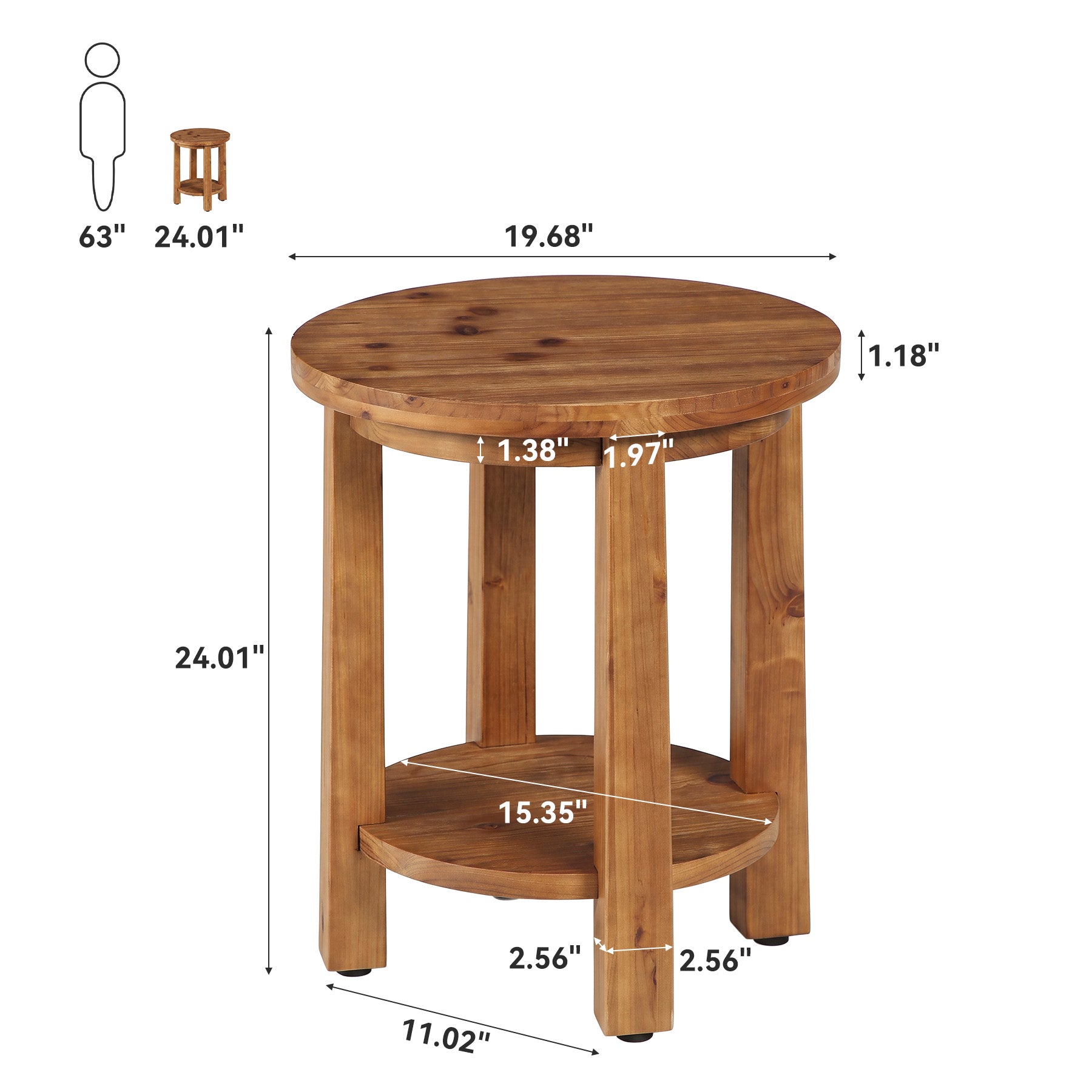 19.6" Solid Wood Side Table, 2 Tier Farmhouse Industrial Round End Table Nightstand