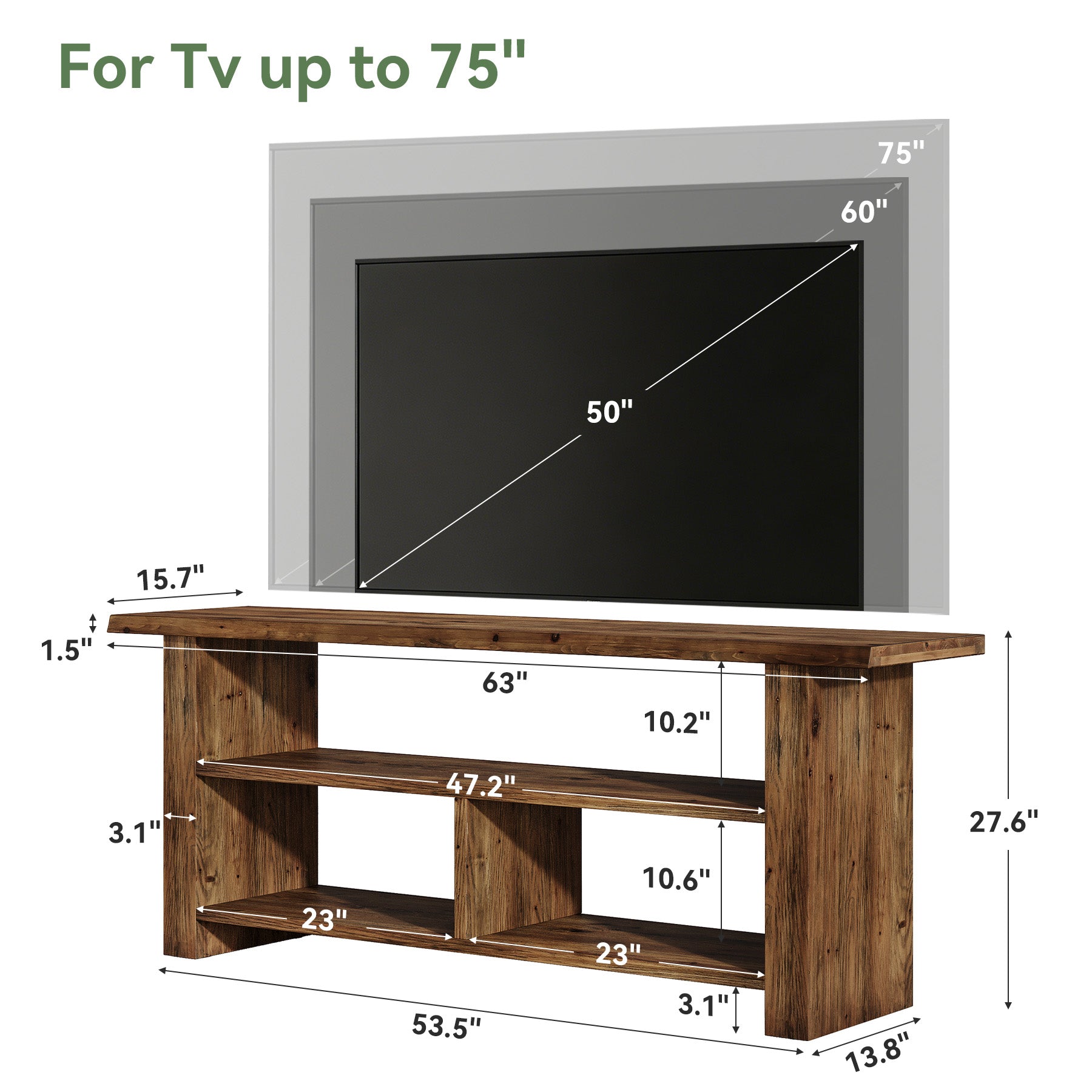 63" Solid Wood TV Stand for Up to 75 Inch TVs, Farmhouse Media Console with Open Storage Shelves