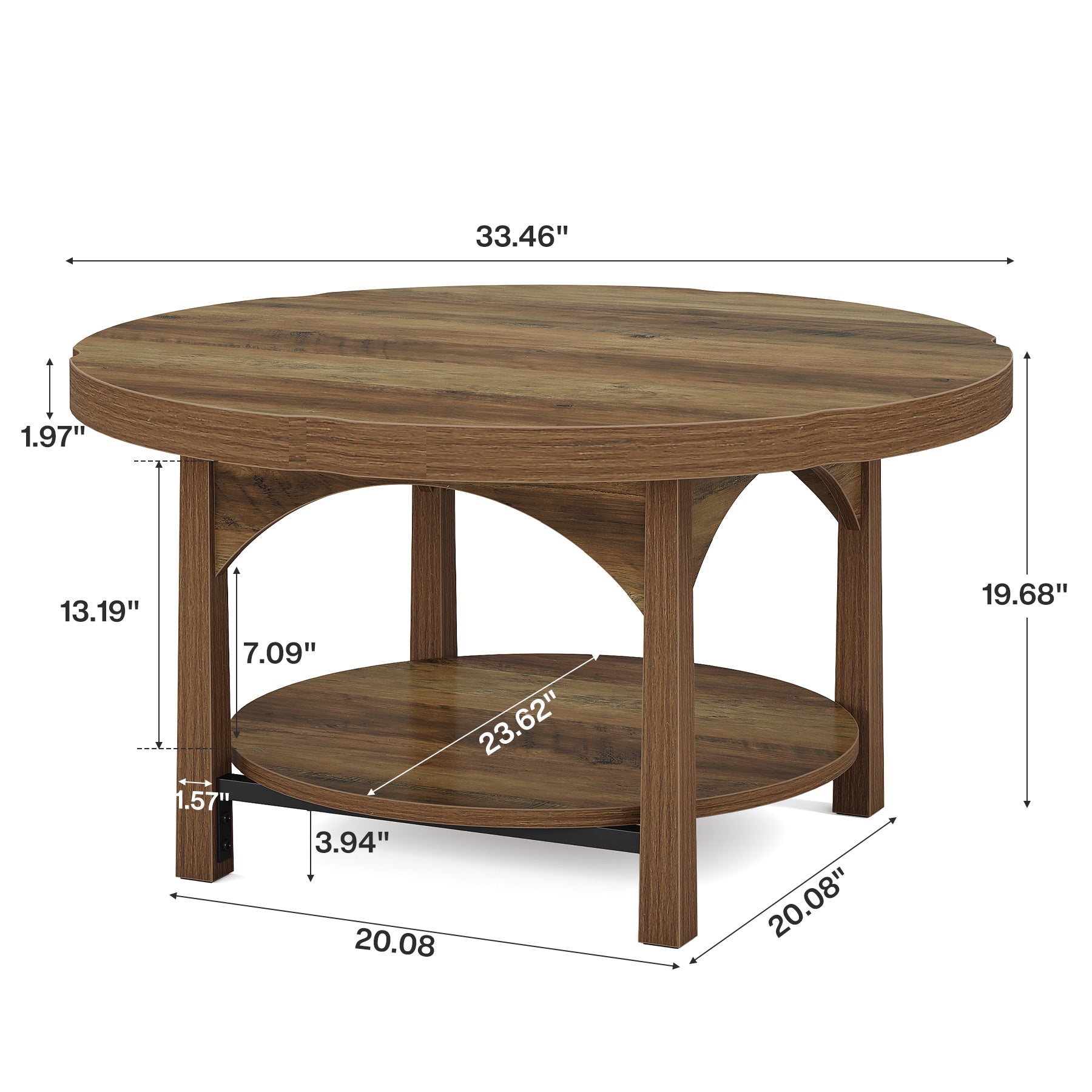 33.46" Round Coffee Table, 2-Tier Farmhouse Center Table with Storage Shelf