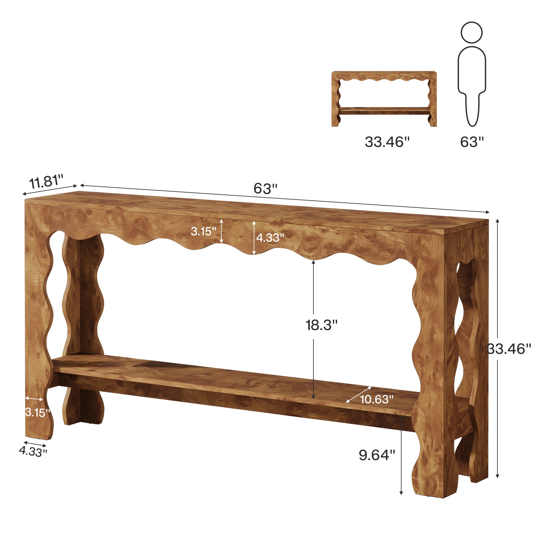 63" Console Table, 2-Tier Narrow Sofa Table with Storage and Scalloped Curves