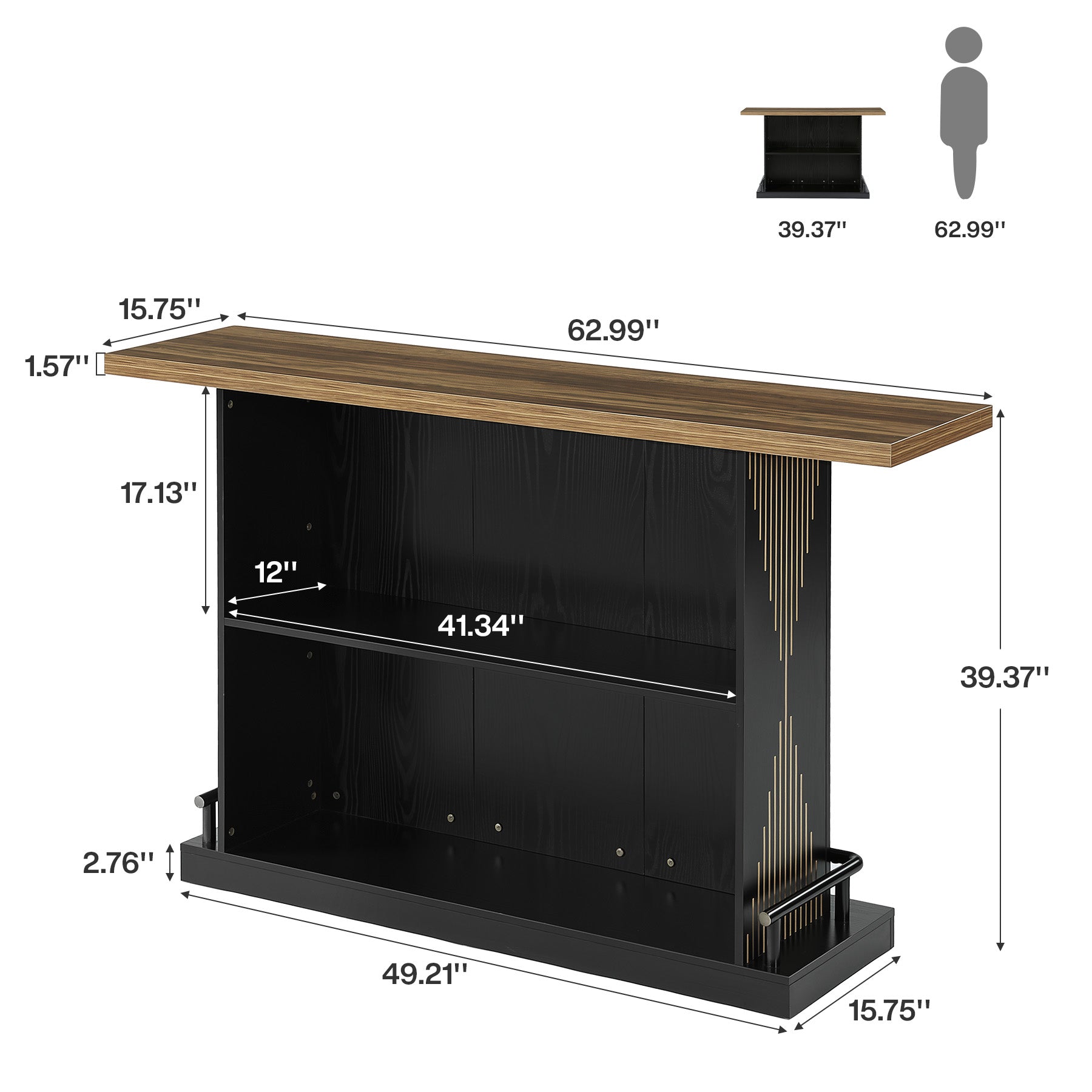 63" Bar Table, Rectangular Home Bar Unit with 2-Tier Storage Shelf for Kitchen