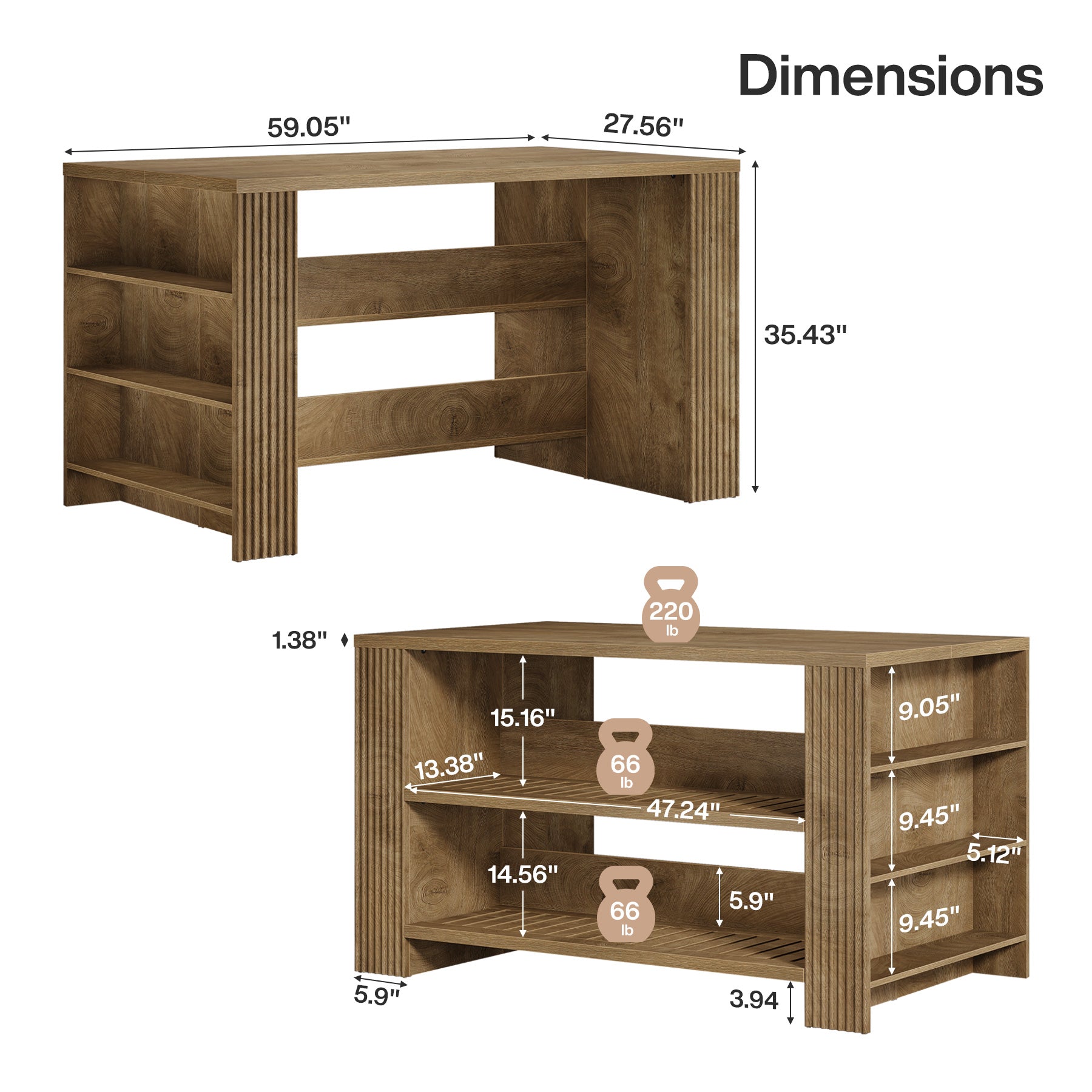 59" Kitchen Island, Large Storage Islands Coffee Unit with Shelves
