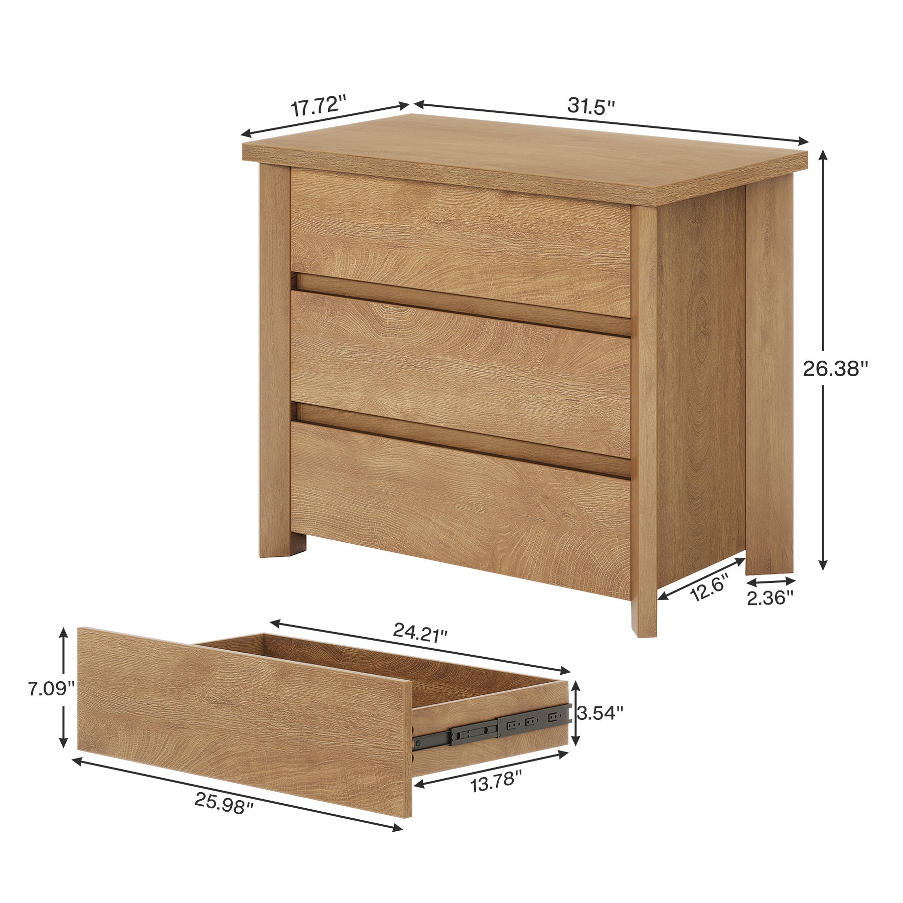 31.5" Wide Nightstand, Farmhouse Bedside Table with 3 Storage Drawers