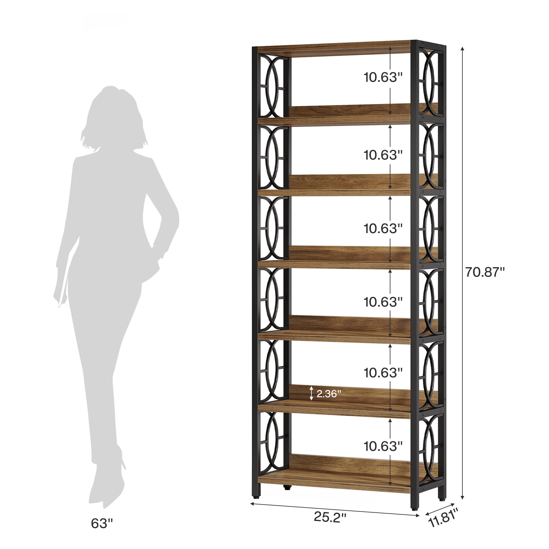 6 - Tier Bookshelf, 70.86" Bookcase Industrial Freestanding Display Shelf Tribesigns