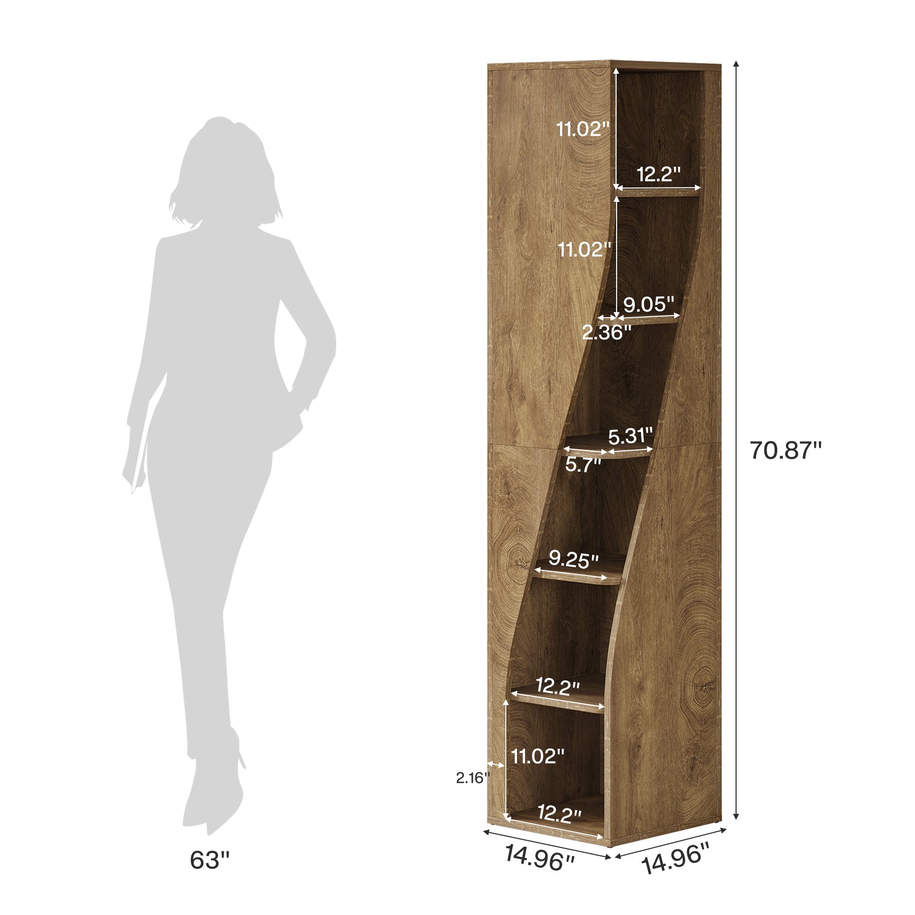 6-Tier Corner Bookcase, 70.8" Narrow Freestanding Bookshelf with Storage Shelves