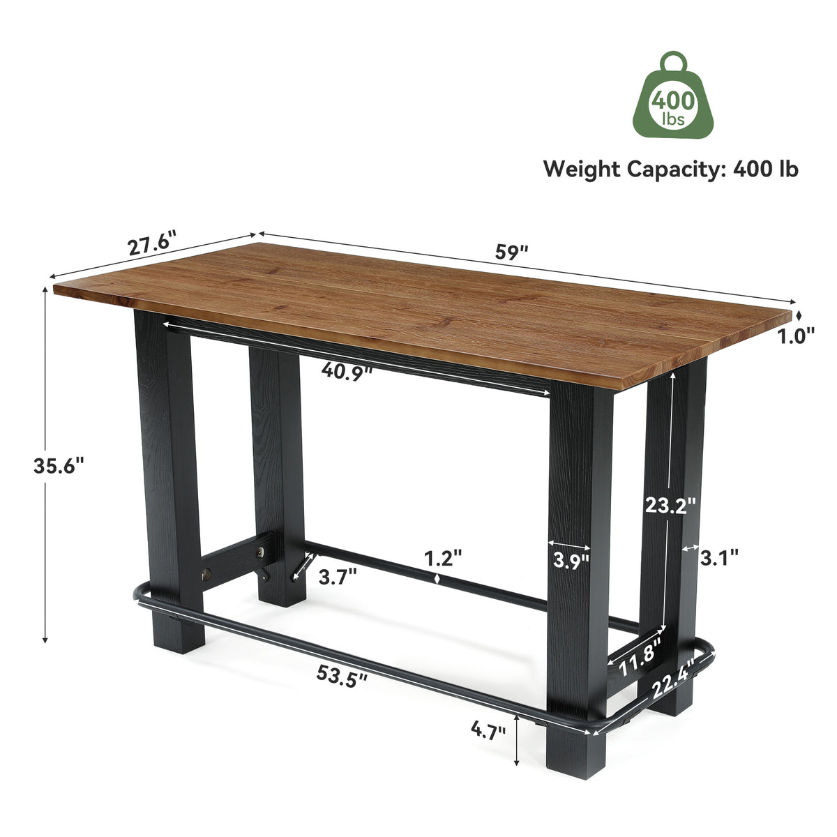 59" Solid Wood Bar Table, Rectangular Pub Table Seats 4 with Metal Footrest for Home Bar