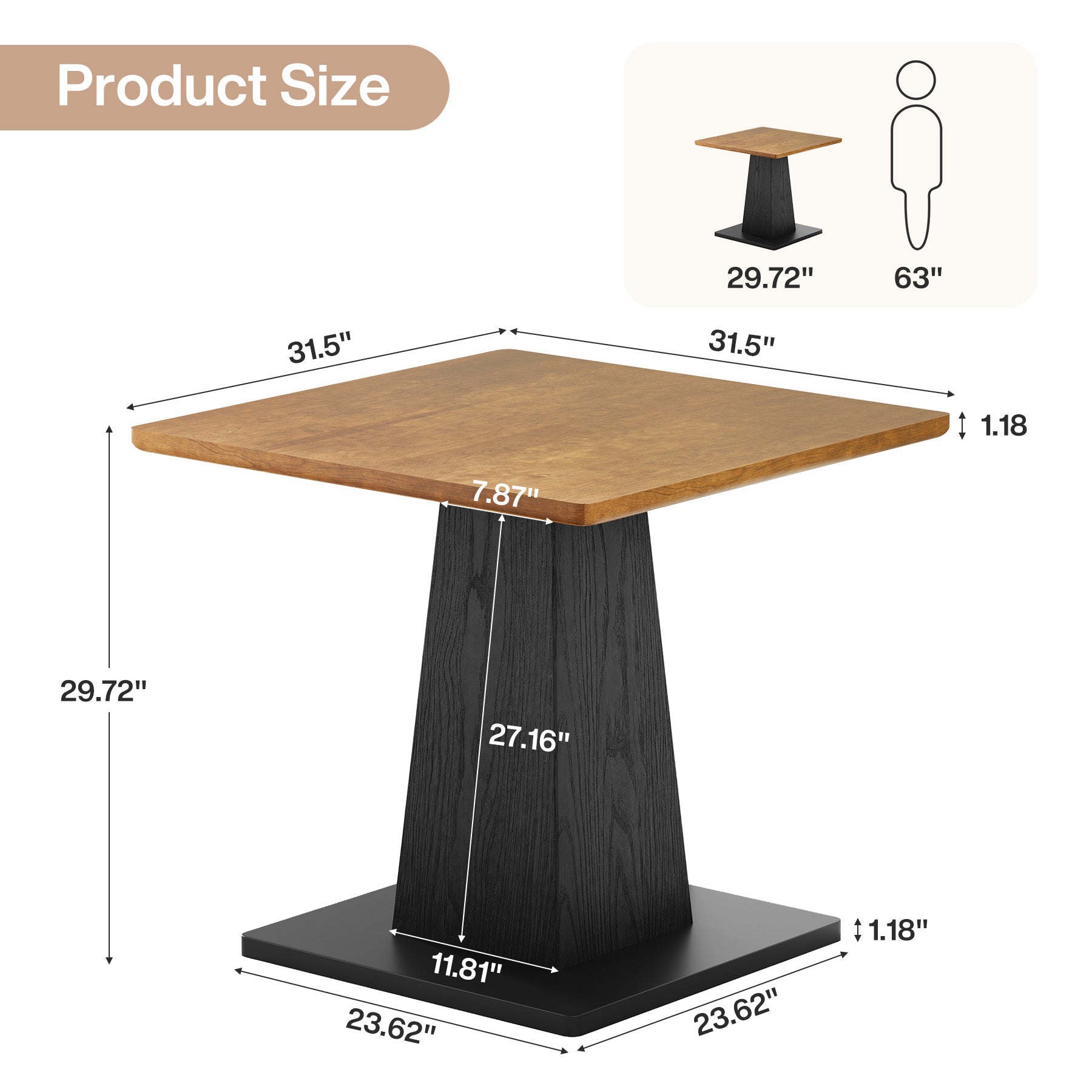 31.5" Square Dining Table for 4, Farmhouse Kitchen Table with Pedestal for Dining Room
