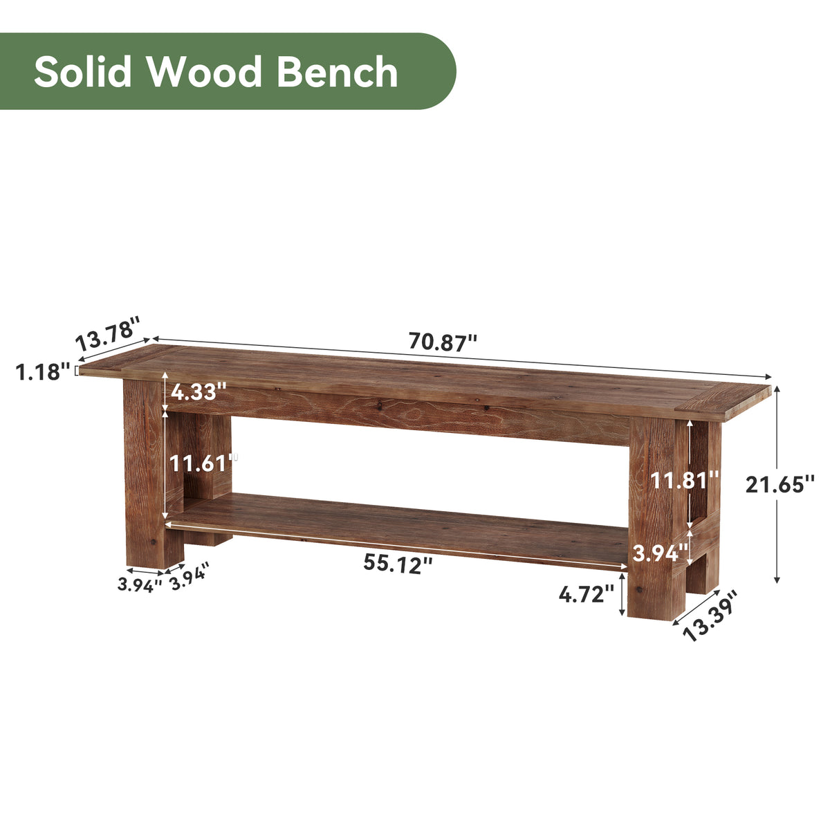 71" Extra Long Entryway Bench with Shoe Storage, Rustic Farmhouse Solid Wood, 2-Tier, Hallway