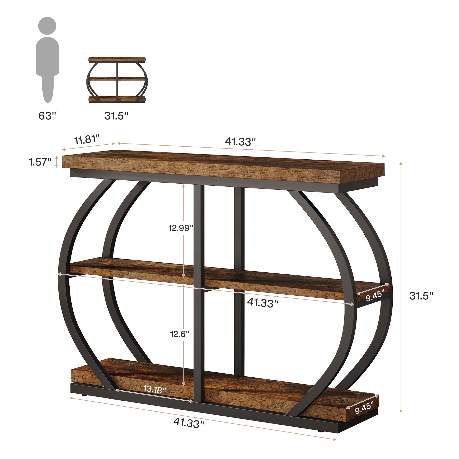 41" Console Table, 3-Tier Sofa Entryway Table with Storage Shelves