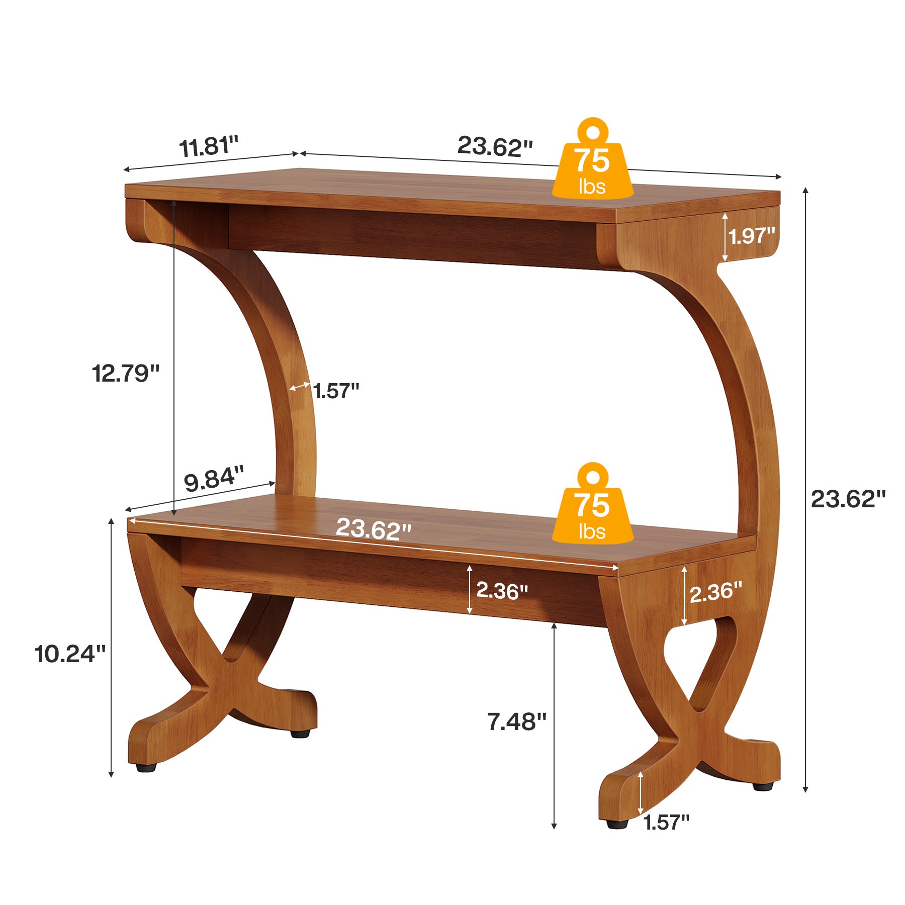 Solid Wood End Table, Narrow 2-Tier Side Table with Storage Shelf