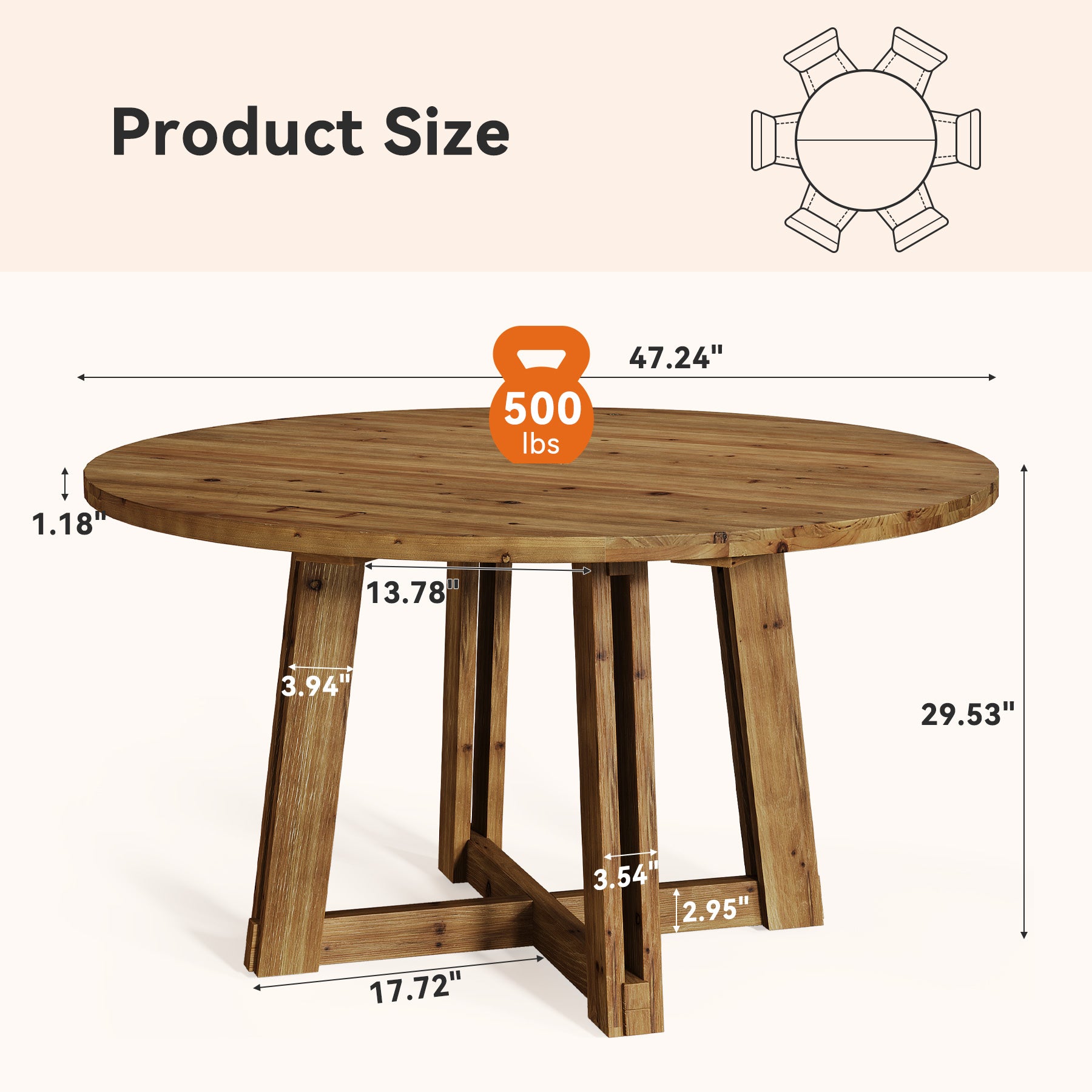 47" Round Dining Table, Solid Wood Kitchen Table with Sturdy Legs for 4-6