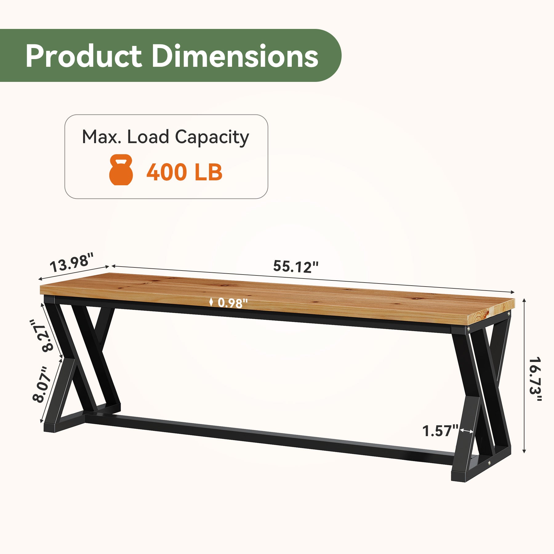 55" Long Entryway Bench, Solid Wood End of Bed Bench with Metal Legs