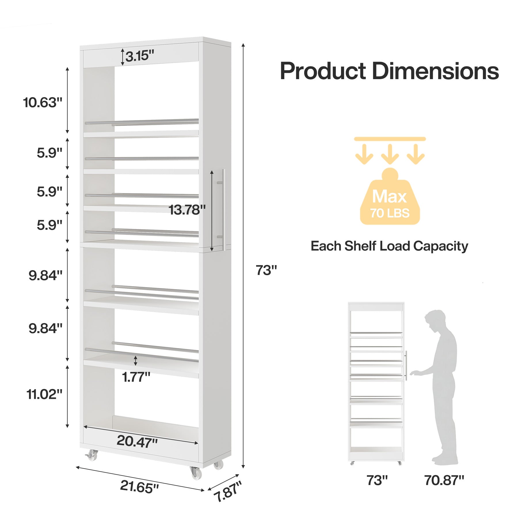 73" Slim Storage Cart on Wheels, 7-Tier Narrow Pantry Rack Cabinet Organizer
