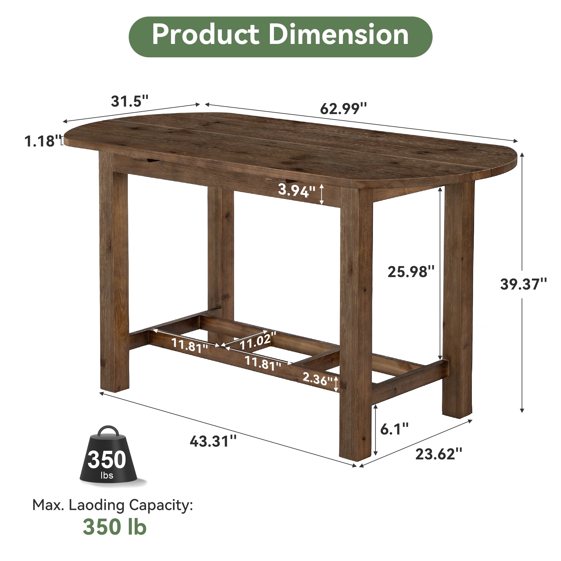 63" Solid Wood Kitchen Island, Farmhouse Stationary Island Table with Oval Tabletop
